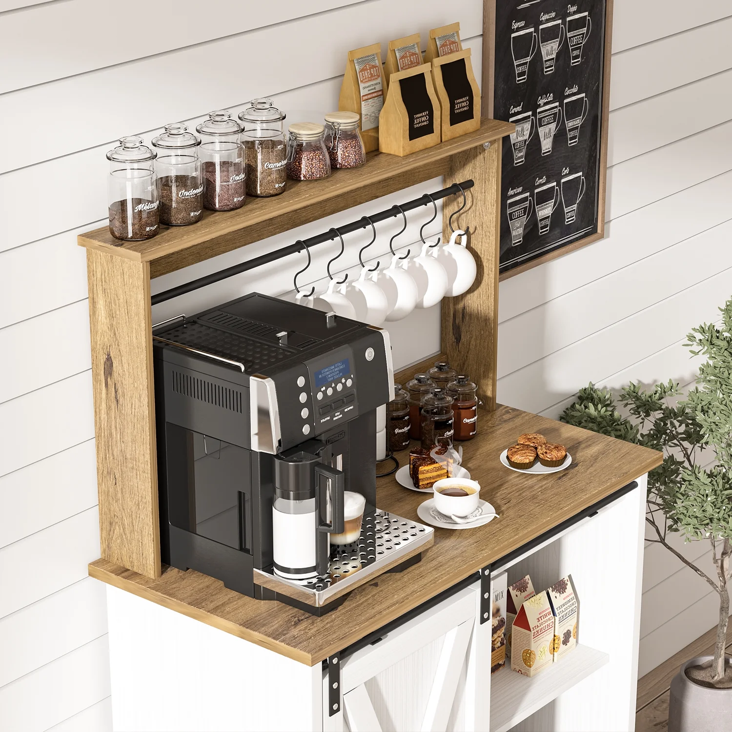 Catrimown Coffee Bar Cabinet, Barn Door Sideboard Buffet Cabinet with Storage, White - Image 2