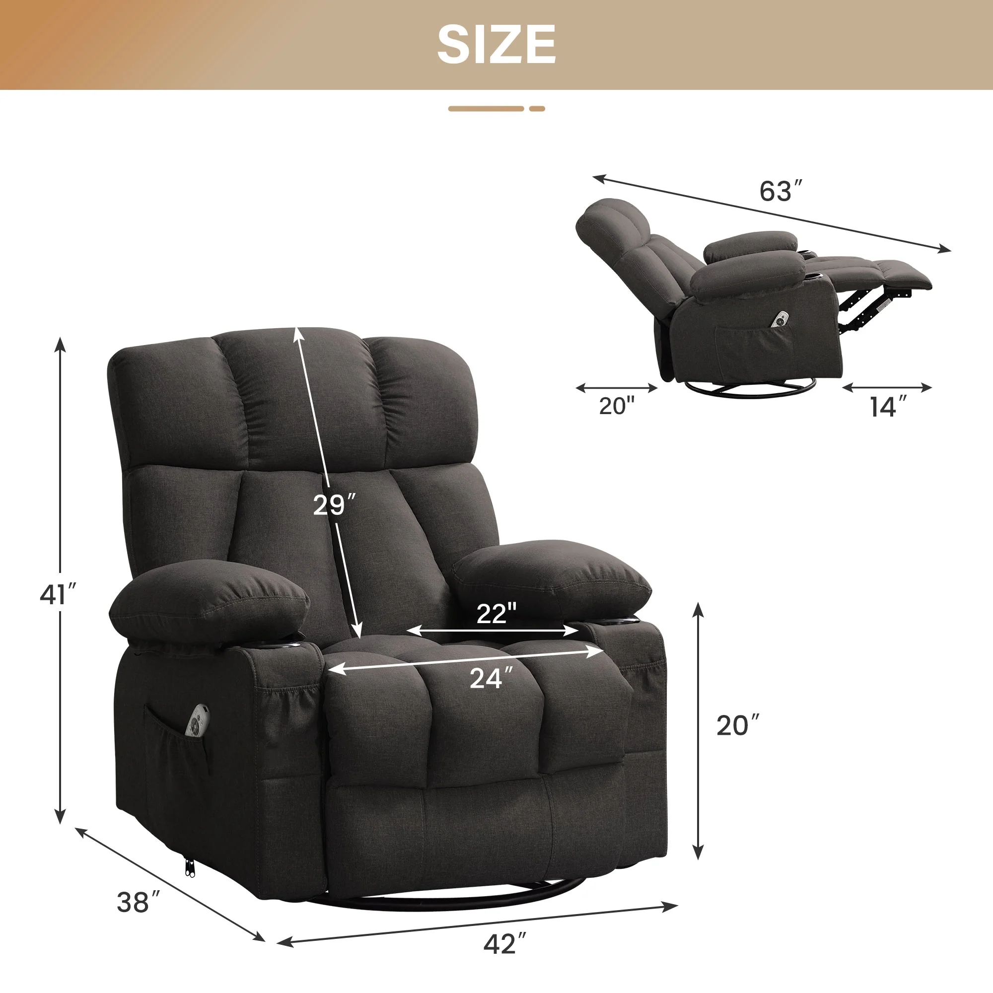 JONPONY Manual Recliner Chair with Heat Therapy and Massage Function, Heavy Duty Reclining Mechanism Massage Chair, Elderly Single Rocker Sofa with Cup Holders for Bedroom Home Theater,Grey - Image 64