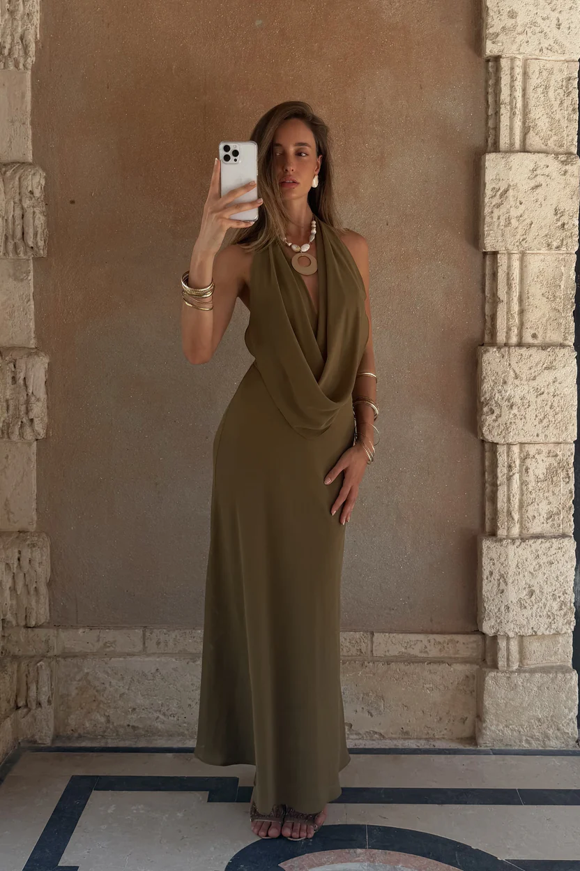Zela Olive Cowl Maxi Dress