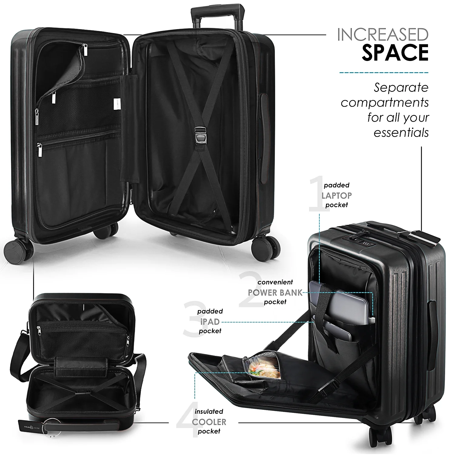 Virtu 4 Piece Hardshell Exapandable Luggage Set, Spinner Luggage Suitcase Set, Navy Blue - Image 22