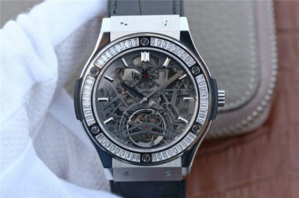 Replica Hublot Classic Fusion Tourbillon 42mm TF Skeleton Dial Black Gummy Strap A23J - Top club