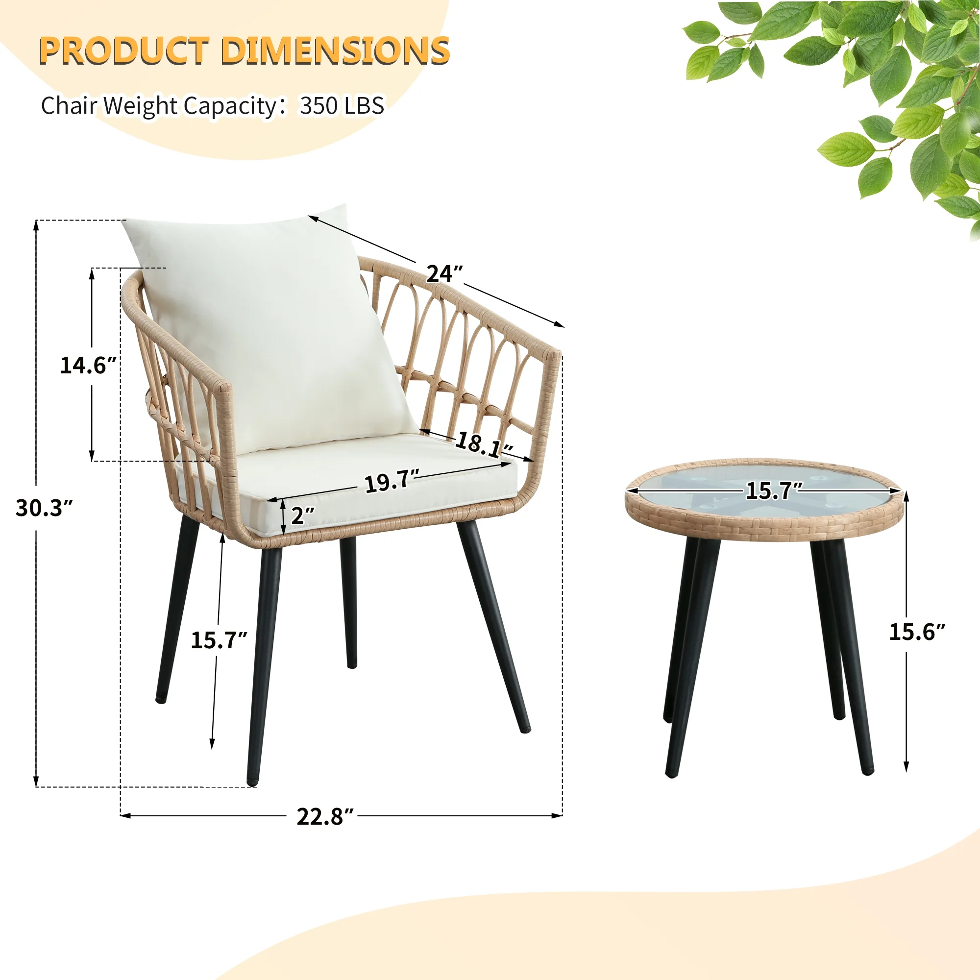 FHFO 3 Piece Patio Bistro Set, Outdoor Wicker Apartment Balcony Furniture Sets, Rattan Table and Chairs Set of 2 for Porch Backyard Lawn Poolside Deck, Beige - Image 4
