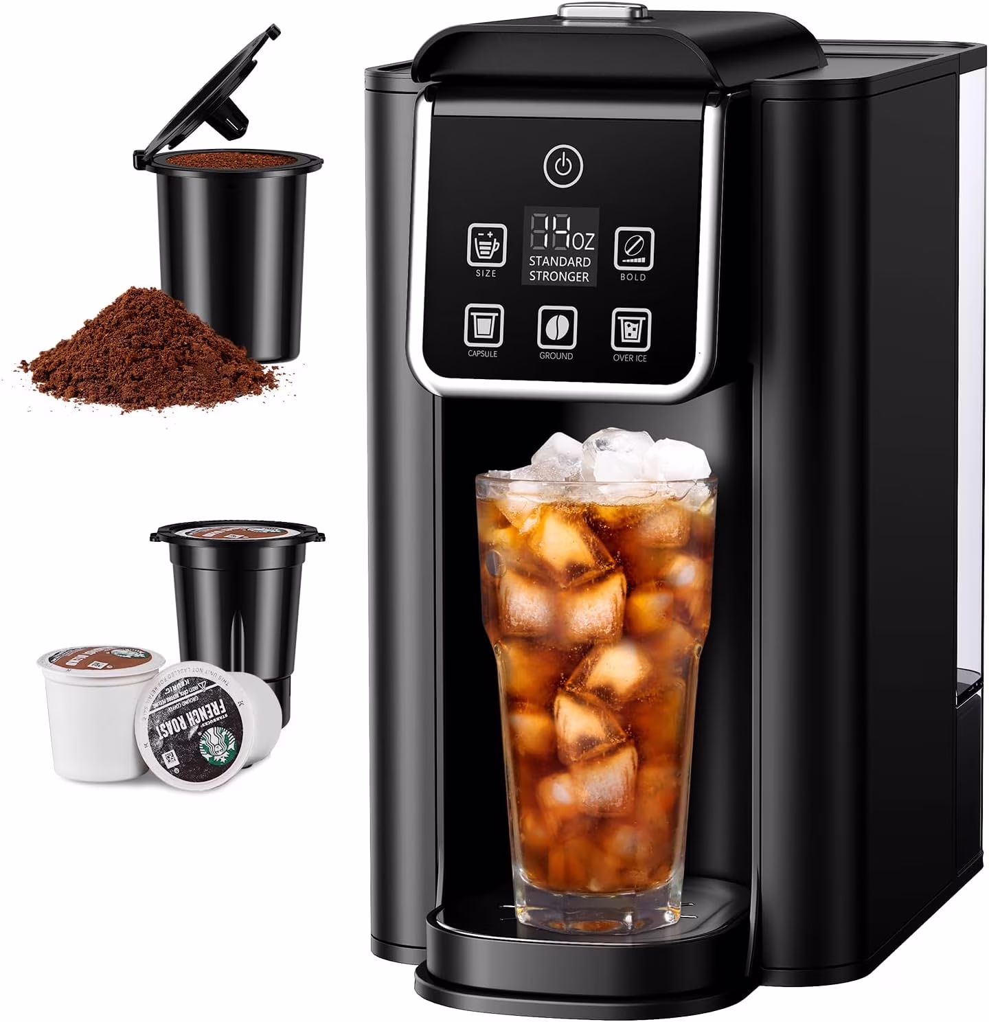 Single Serve Coffee Maker, Hot and Iced Coffee Machine for K-Cup Pods & Ground Coffee, 6 to 14 oz Brew Sizes, 50 oz Removable Water Tank, Bold Brew Setting, Stainless Steel, Black
