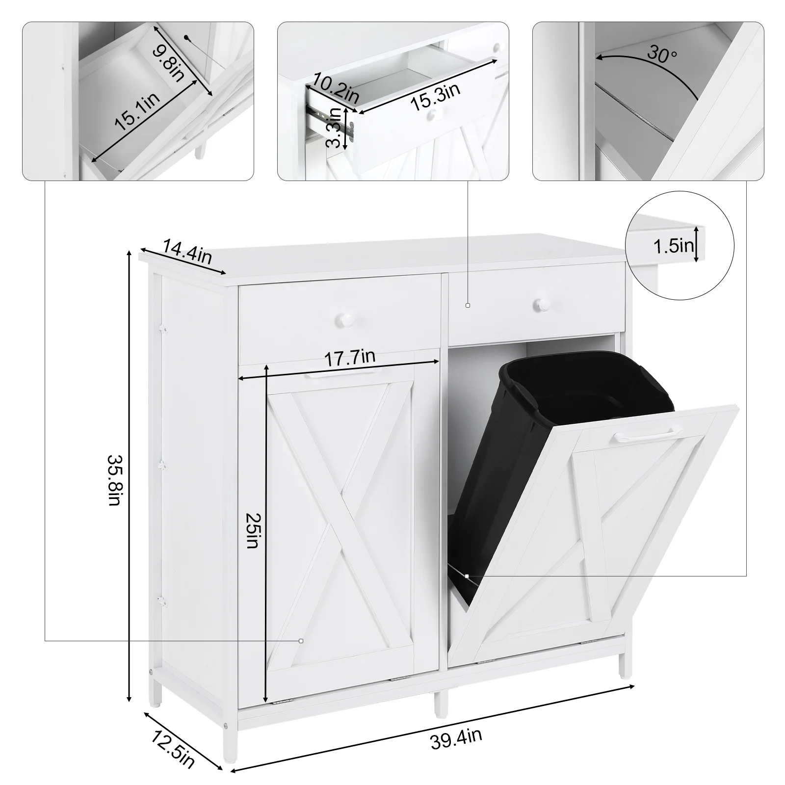 Pirecart 20 Gallon Double Tilt Out Trash Cabinet Wood Hidden Storage Cabinet, Recycling Cabinet with 2 Drawers, Black - Image 19