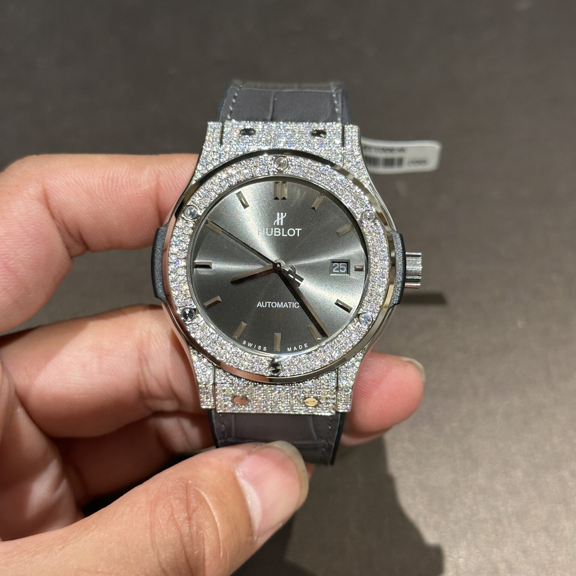 Hublot Replica Watch With Full Diamond Moissanite Diamonds Gray Dial Leather Strap 42mm - Elite Watch Atelier