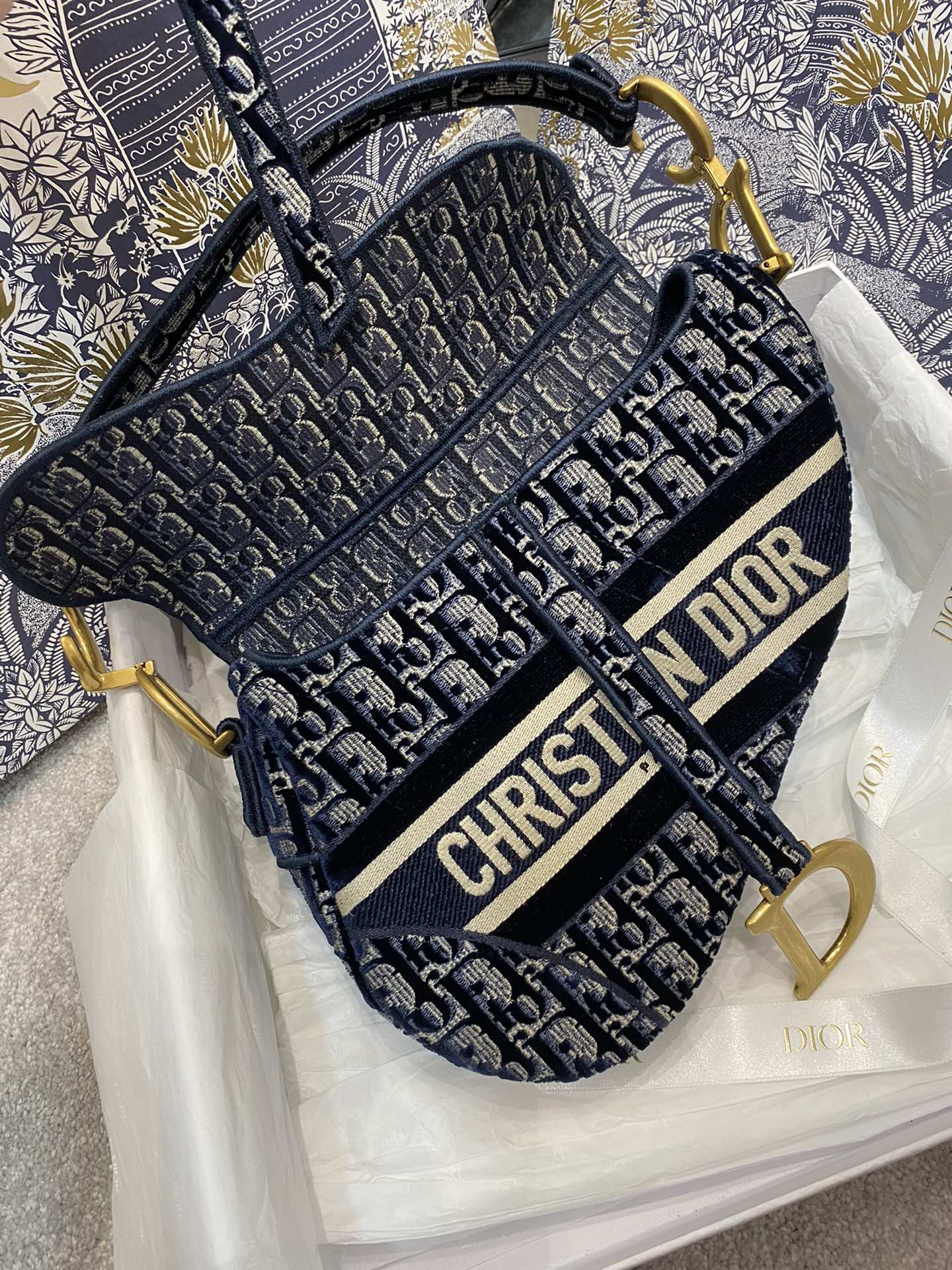Christian Dior Saddle Bag Blue Oblique Canvas Gold Toned Hardware For Women 25cm/10in CD1:1High-quality replica