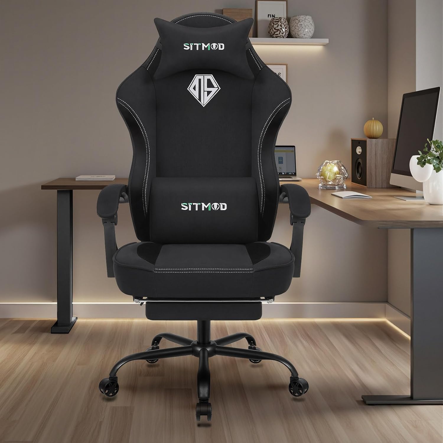 Gaming Chair, Video Gaming Chairs for Adults, Comfy Fabric Computer Office Chair with Pocket Spring Cushion, 350lb Heavy Duty Ergonomic Gamer Chair, 360° Swivel, Lumbar Headrest, 90-150° Recline Black