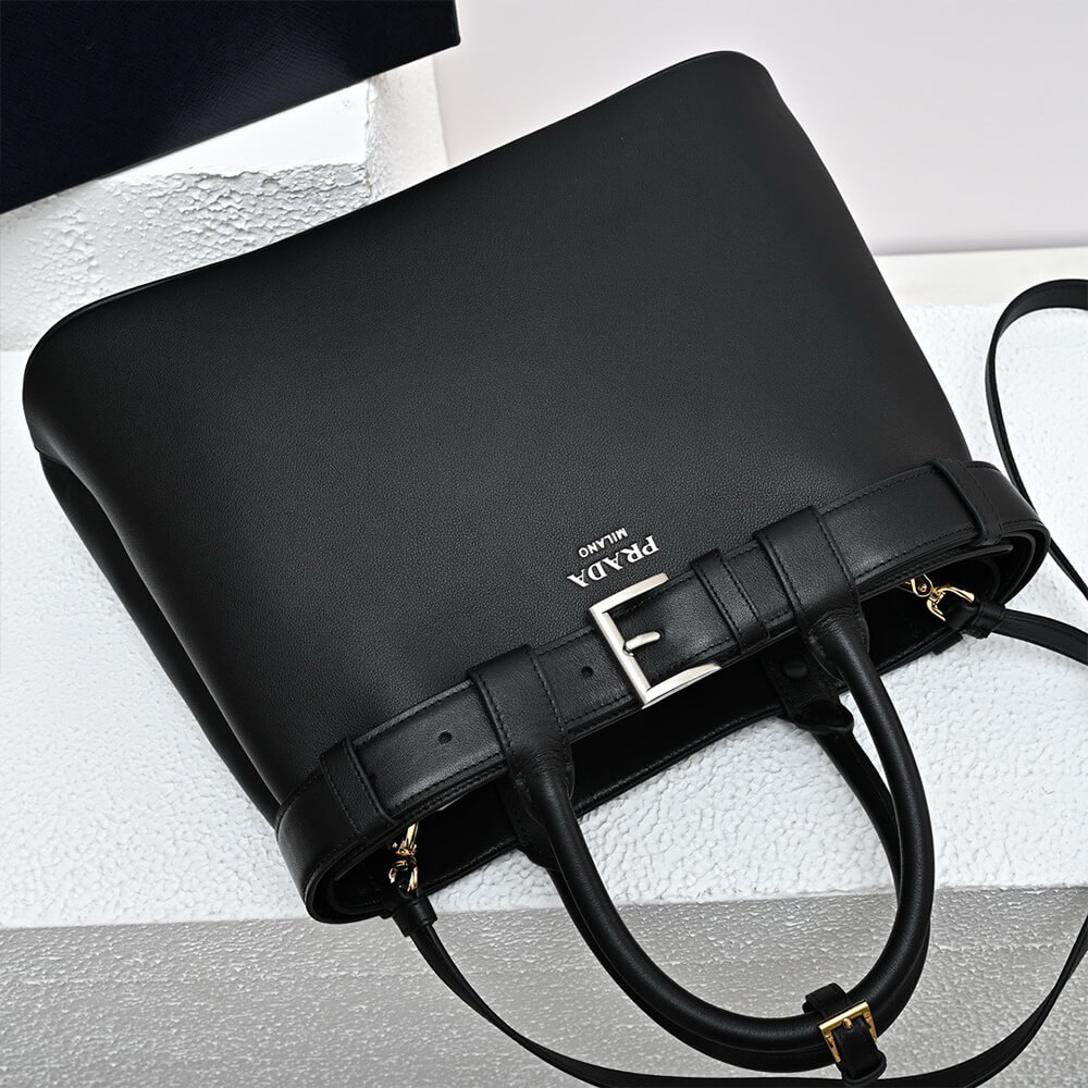 Prada Buckle medium leather handbag with double belt(high-end grade)1:1High-quality replica
