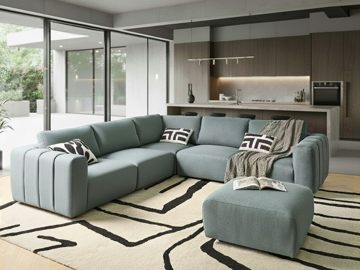 Modular Corner Sofa 5 Seater KIVVIK Fabric Green with Ottoman Right Hand