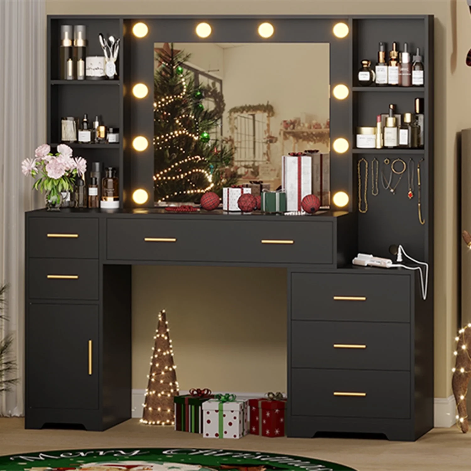 Makeup Vanity Desk with Lighted Mirror & Charging Stations & 6 Drawers Large Vanity Table Bedroom Dressing Table with Glass Tabletop&Side Cabinet&Glass Tabletop, Black - Image 10