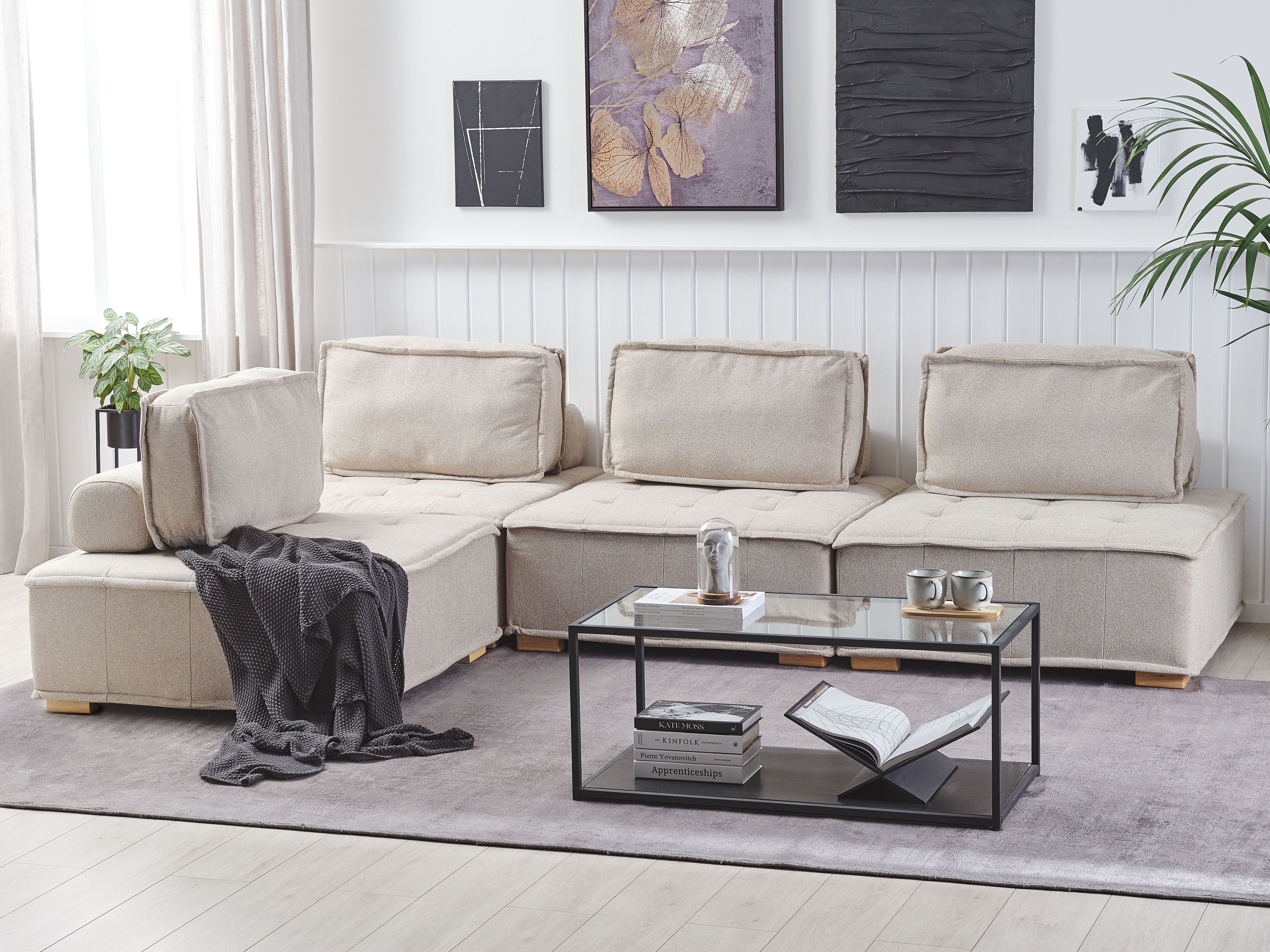 Modular Corner Sofa 4 Seater TIBRO Fabric Light Beige Right Hand