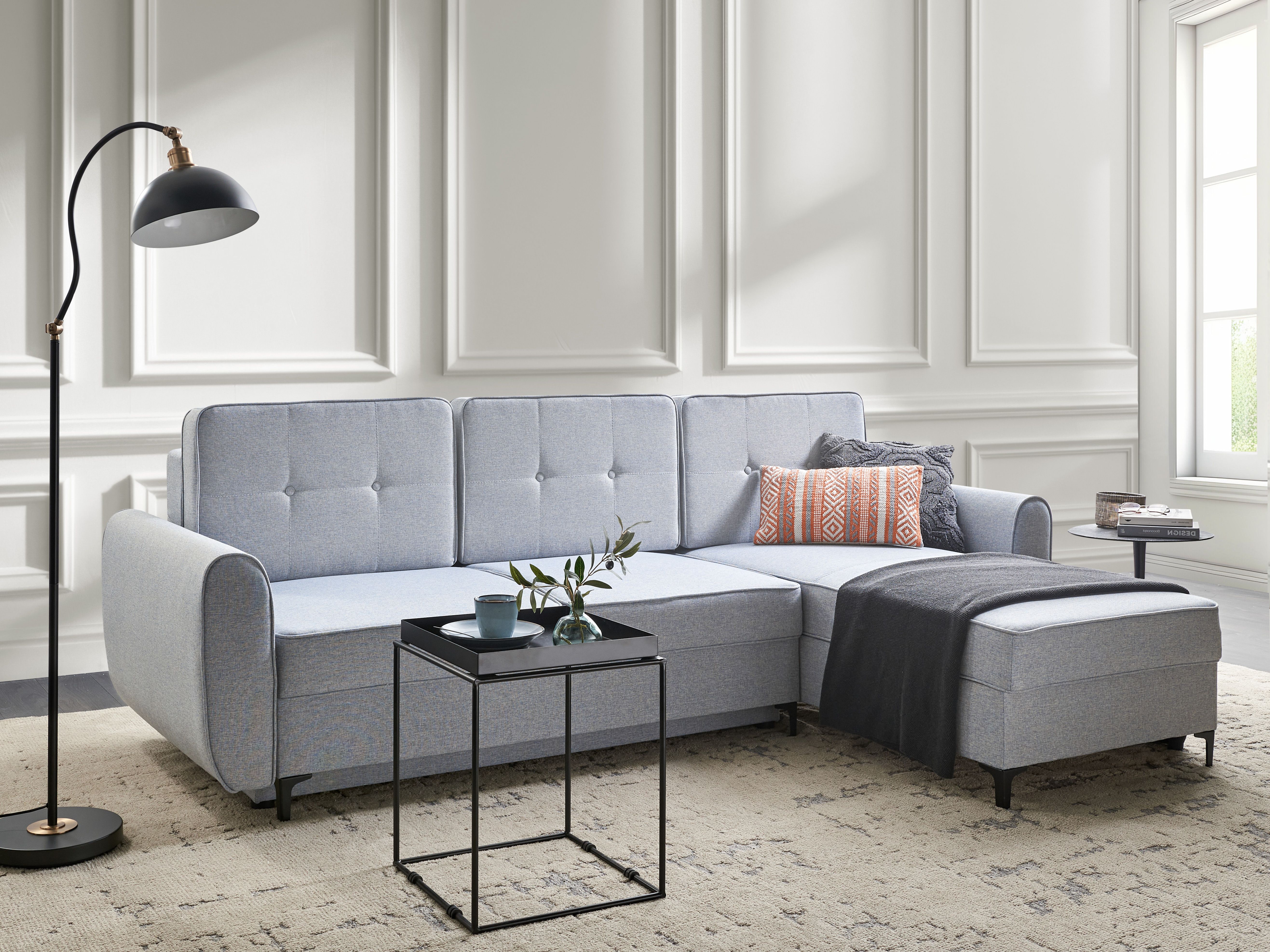 Corner Sofa Bed 3 Seater SIMRIS Fabric Light Blue with Storage Left Hand