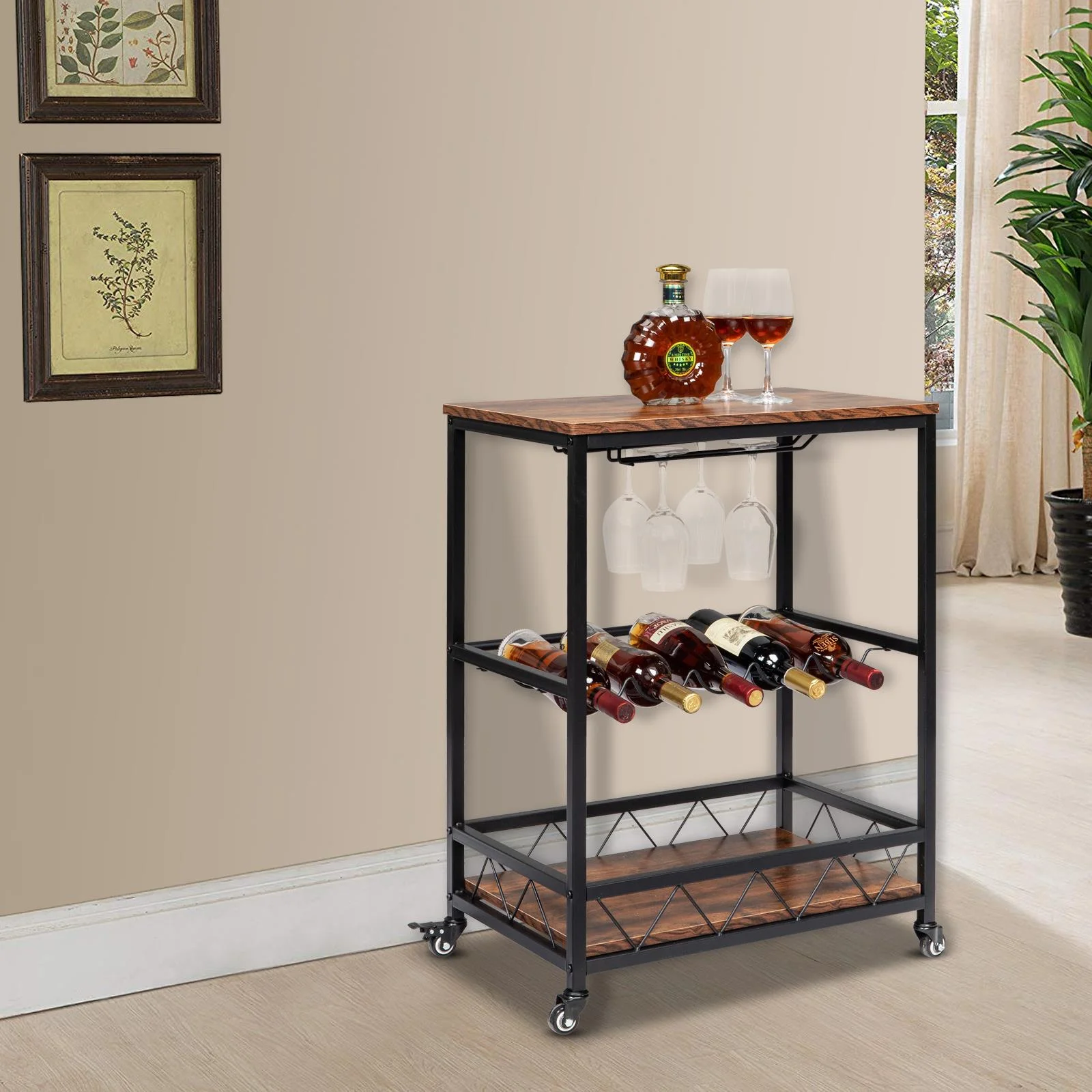 Ktaxon 3 Tier Kitchen Trolley Bar Carts for Home Bar Serving Cart w/ Wine Rack & Glass Holder, Wheels, Vintage Brown