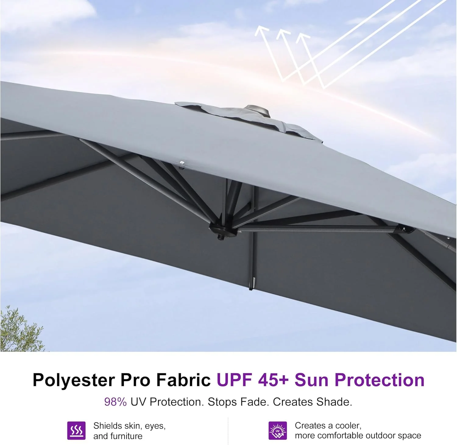 PURPLE LEAF 9 Feet Square Patio Cantilever Umbrella, Light Grey - Image 5 PURPLE LEAF 9 Feet Square Patio Cantilever Umbrella, Light Grey - Image 5