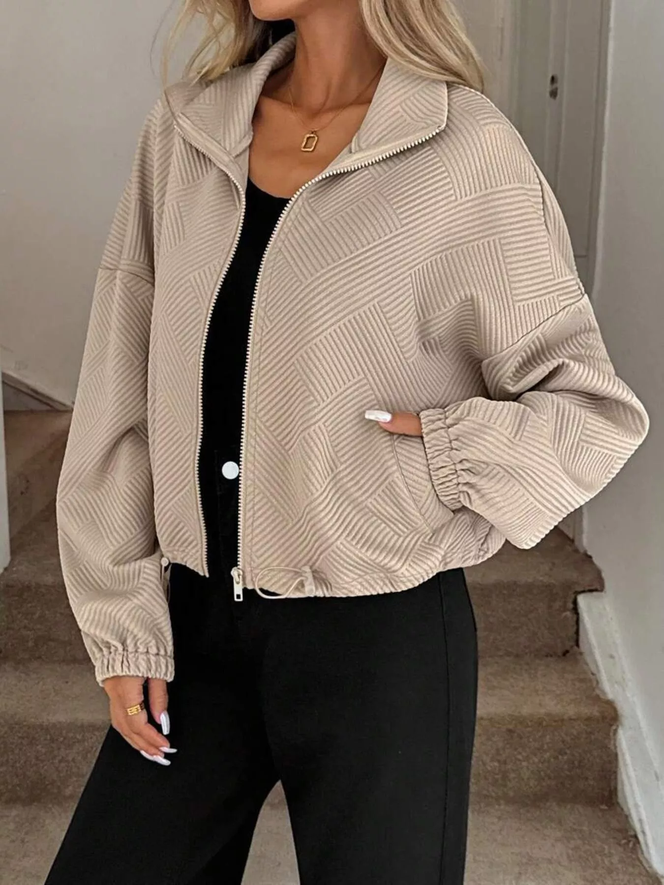 Drawstring Hem Textured Long Sleeve Jacket - ZKZOOK