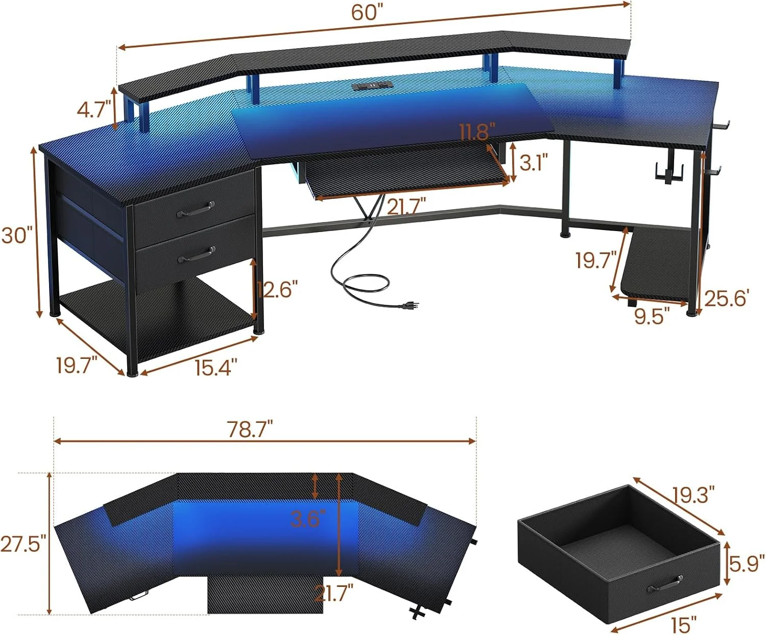 79" Gaming Desk with LED Lights and Power Outlets, U Shaped Desk with Monitor Stand and Drawers, Gaming Table with Keyboard Tray, Cup Holder and CPU Stand for Bedroom, Carbon Fiber Black - Image 2