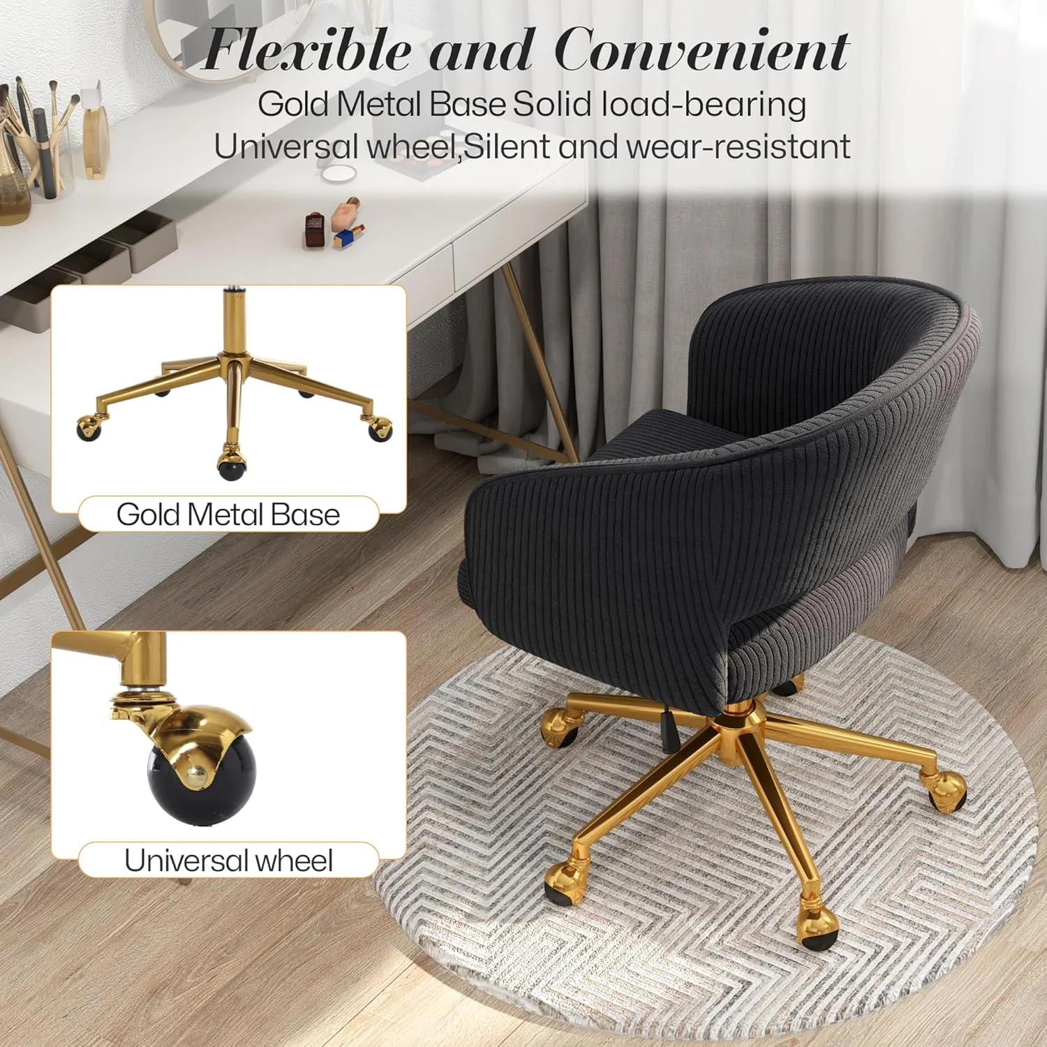 Home Office Swivel Desk Chair, Modern Velvet Vanity Chair, Height Adjustable Armchair with Gold Base, Ergonomic Office Chair for Task Study Computer Room, Beige - Image 41