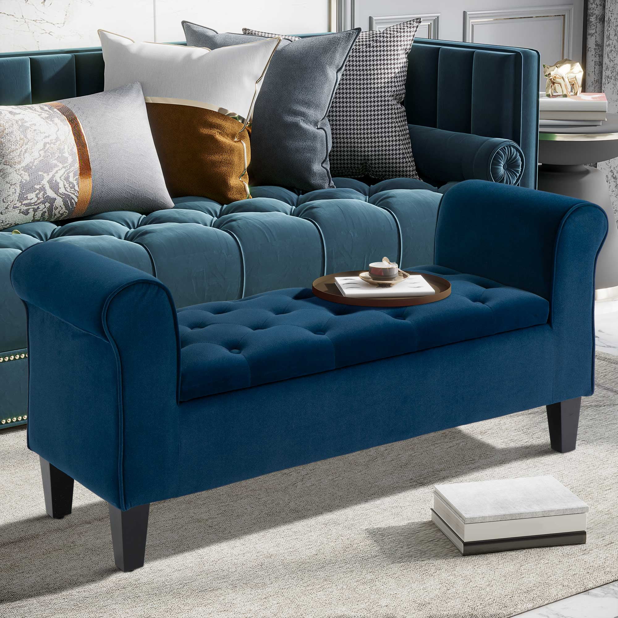 HOMCOM Button-Tufted Storage Ottoman Bench, Upholstered Bench with Rolled Armrests for Living Room or Hallway, Blue - Image 6