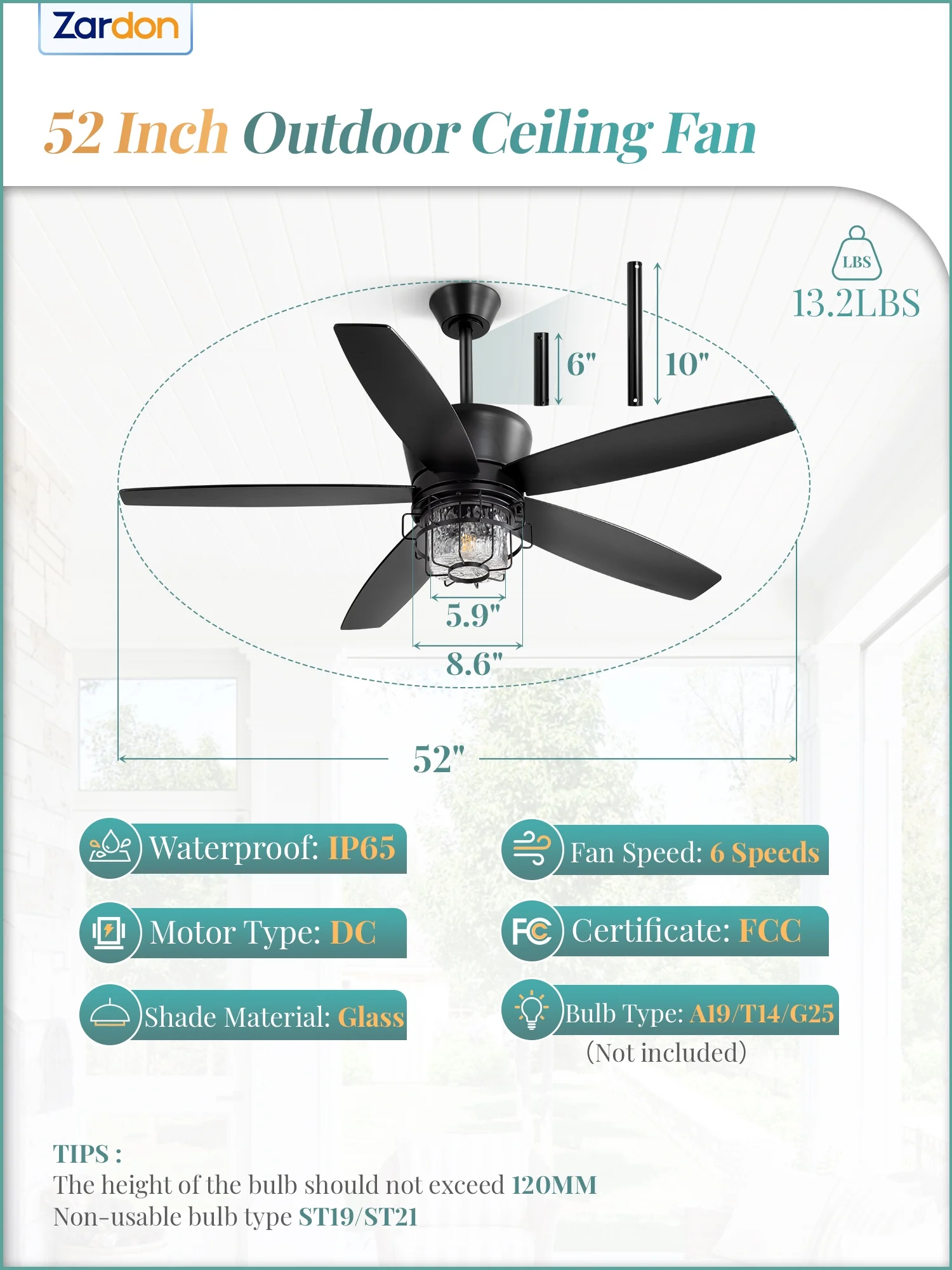 Zardon 20" Outdoor Ceiling Fan with Light and Remote, 7 Blades Caged Waterproof Gazebo Fan for Patio, Porch, Pergola Canopy, App Control - Image 27