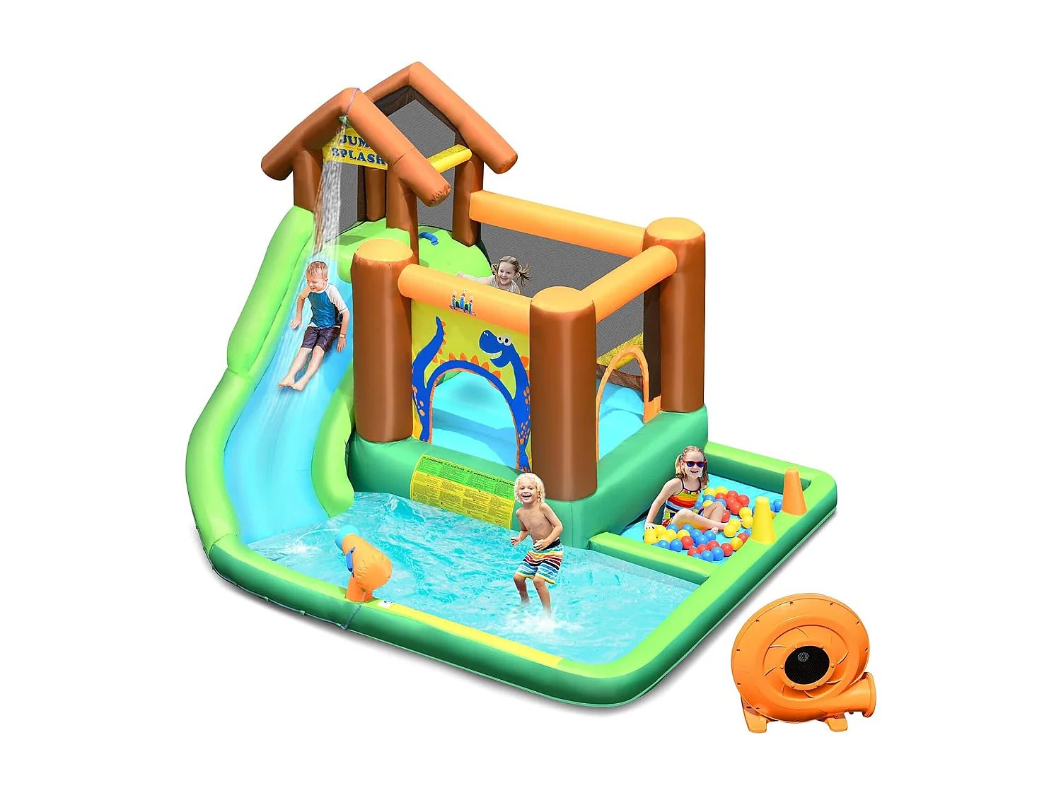 Aire de Jeux Gonflable Enfant avec Souffleur 610W Pataugeoire Mur d'Escalade Canon à Eau Trampoline Intégré Balles Colorées