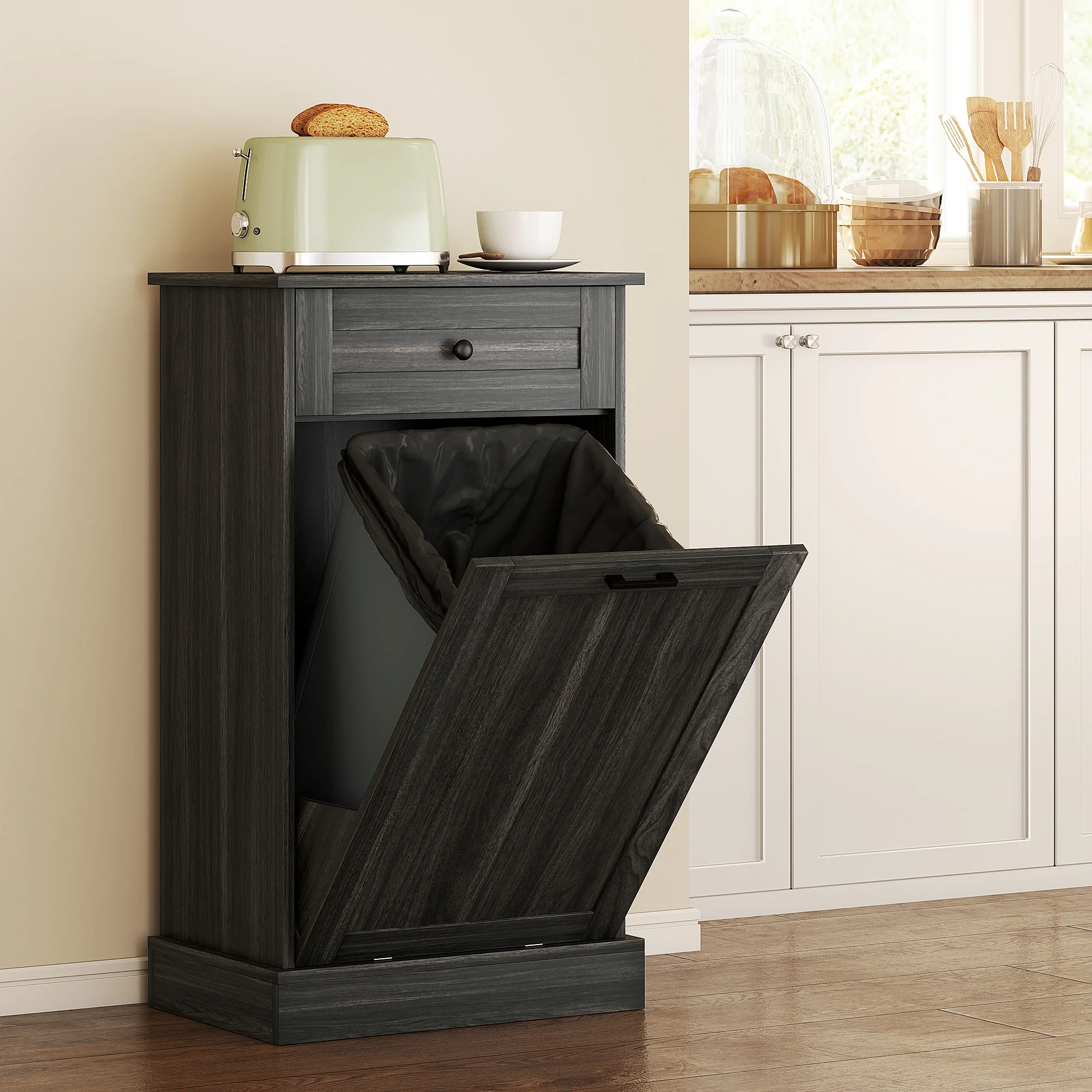 HOMCOM Kitchen Tilt Out Trash Bin Cabinet, Free Standing Recycling Cabinet - Image 12