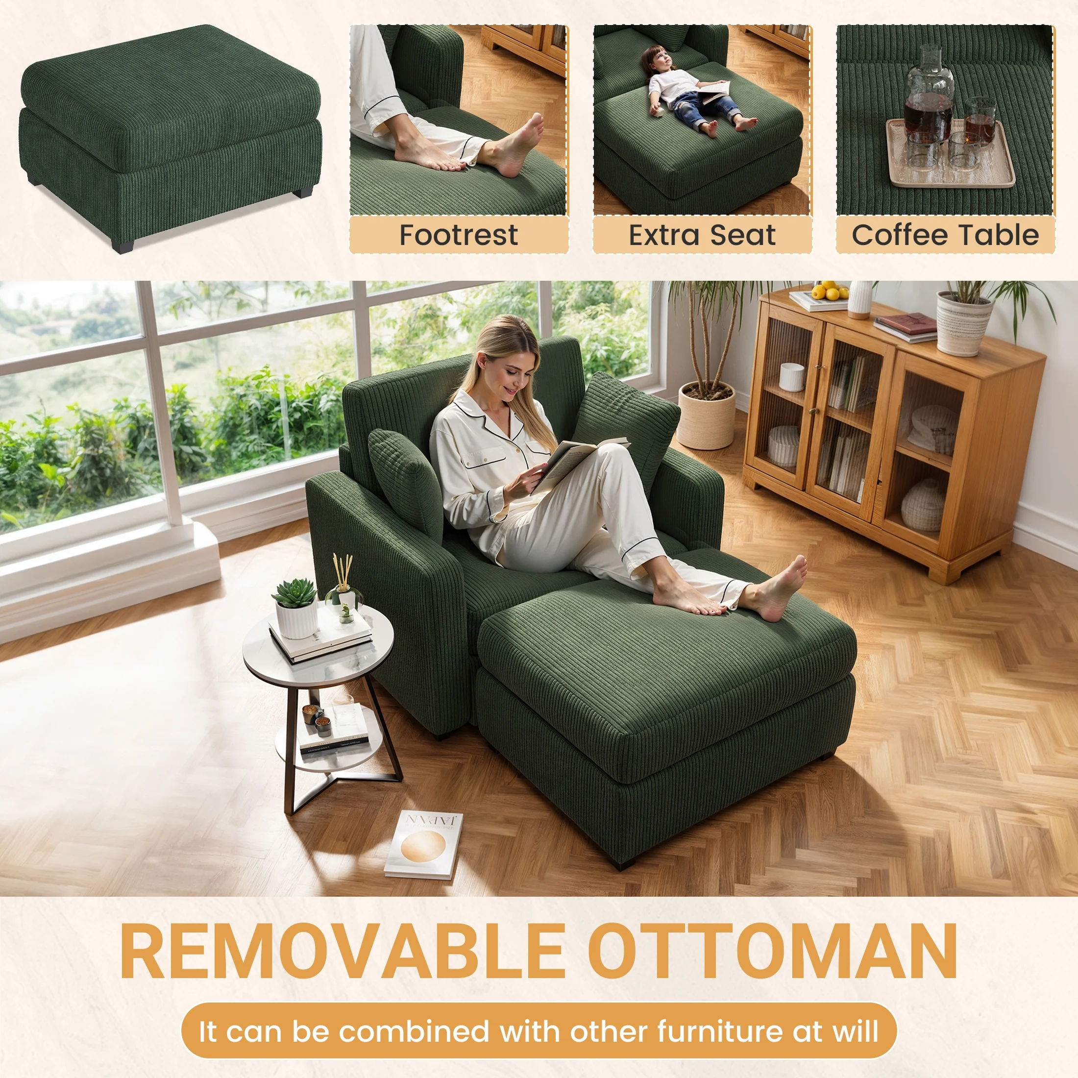 LUMIHO Chaise Lounge Chair Indoor, 42" Sleeper Chair with Two Throw Pillows and Armrests, Corduroy Chaise Couch Chair with Ottoman for Living Room, Bedroom, Apartment, Green - Image 6