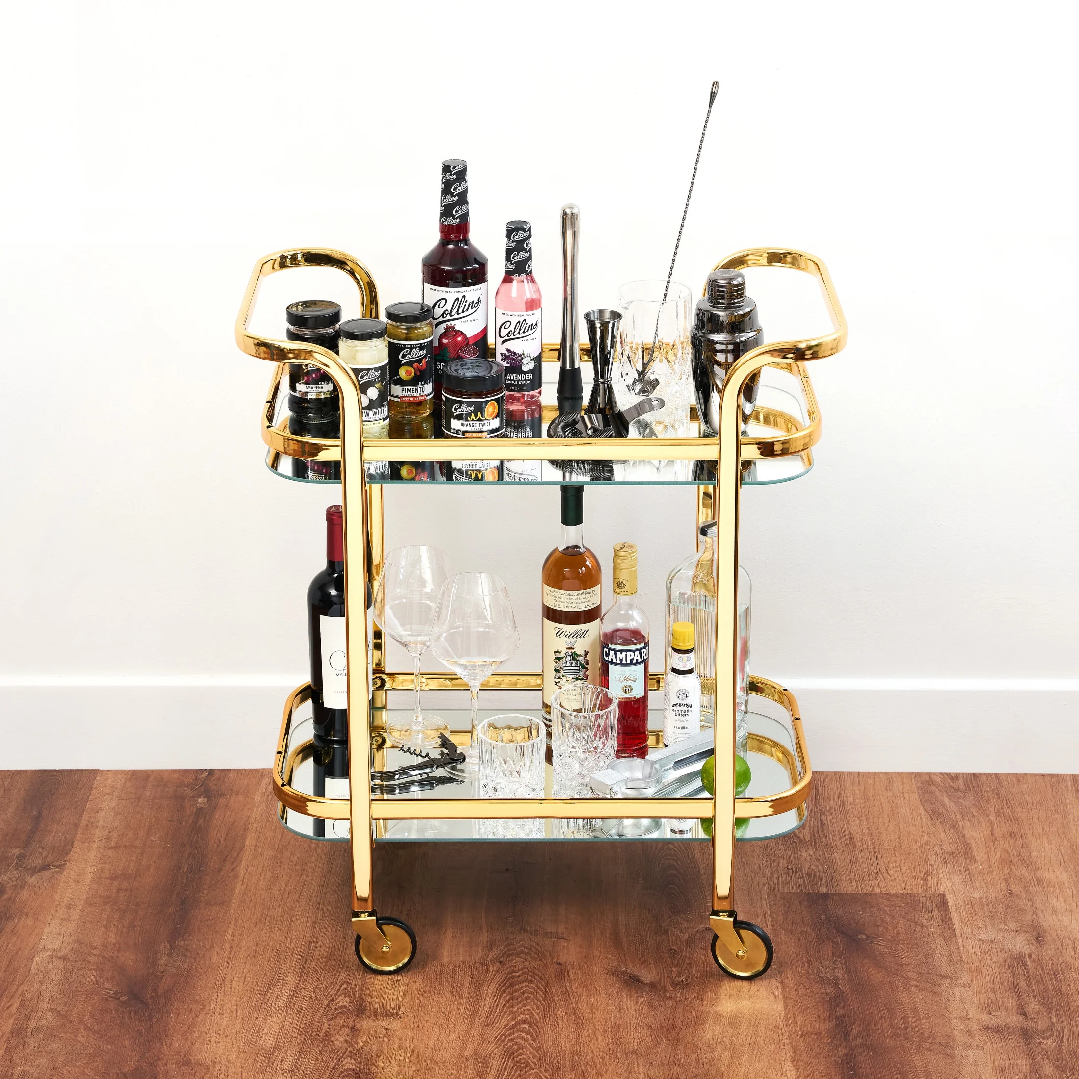 Viski Stainless Steel Bar Cart with Wheels, Mirror Shelves, Home Bar, Gold - Image 4
