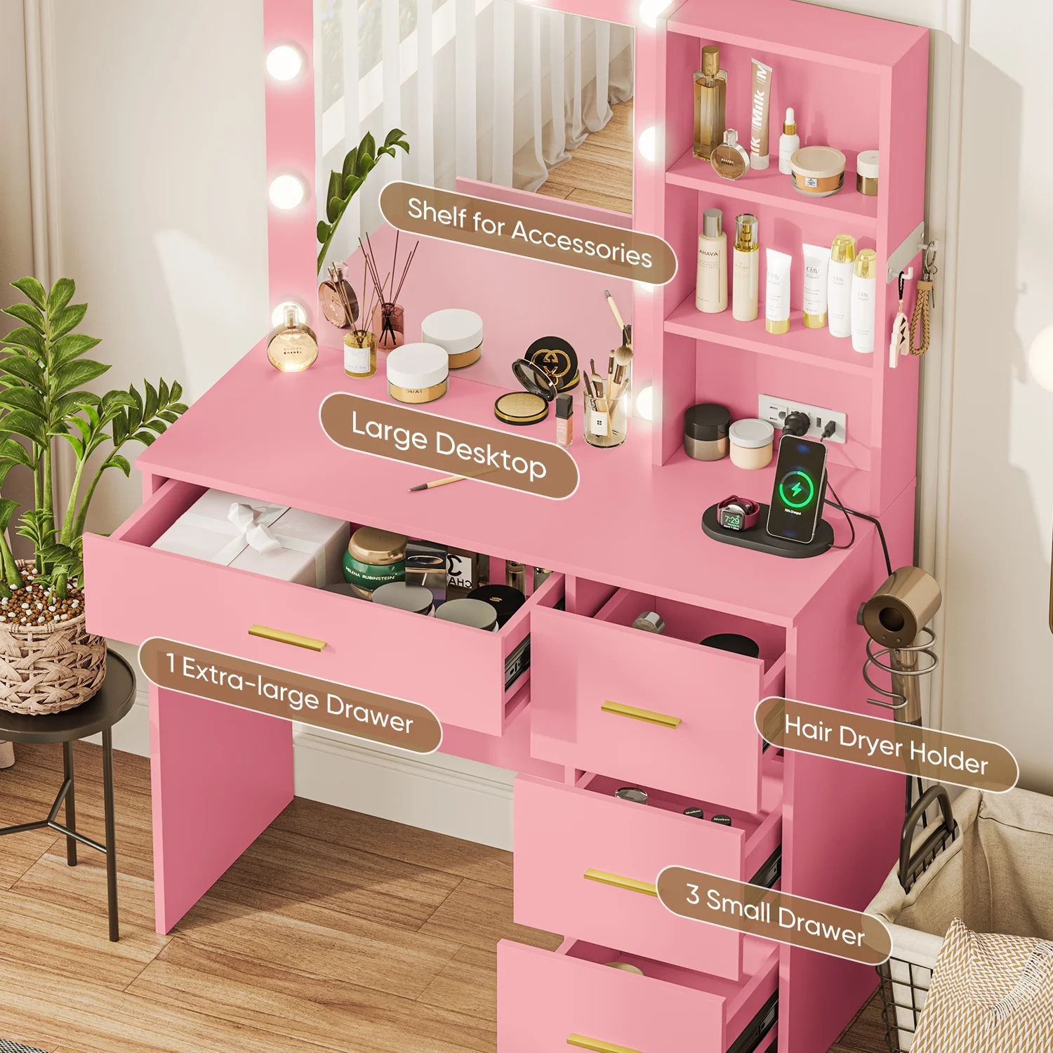 Makeup Vanity with Mirror and 3 Color Lights,Vanity Dressing Table with USB Charging Station,4 Drawers,Open Storage Shelves,White - Image 18