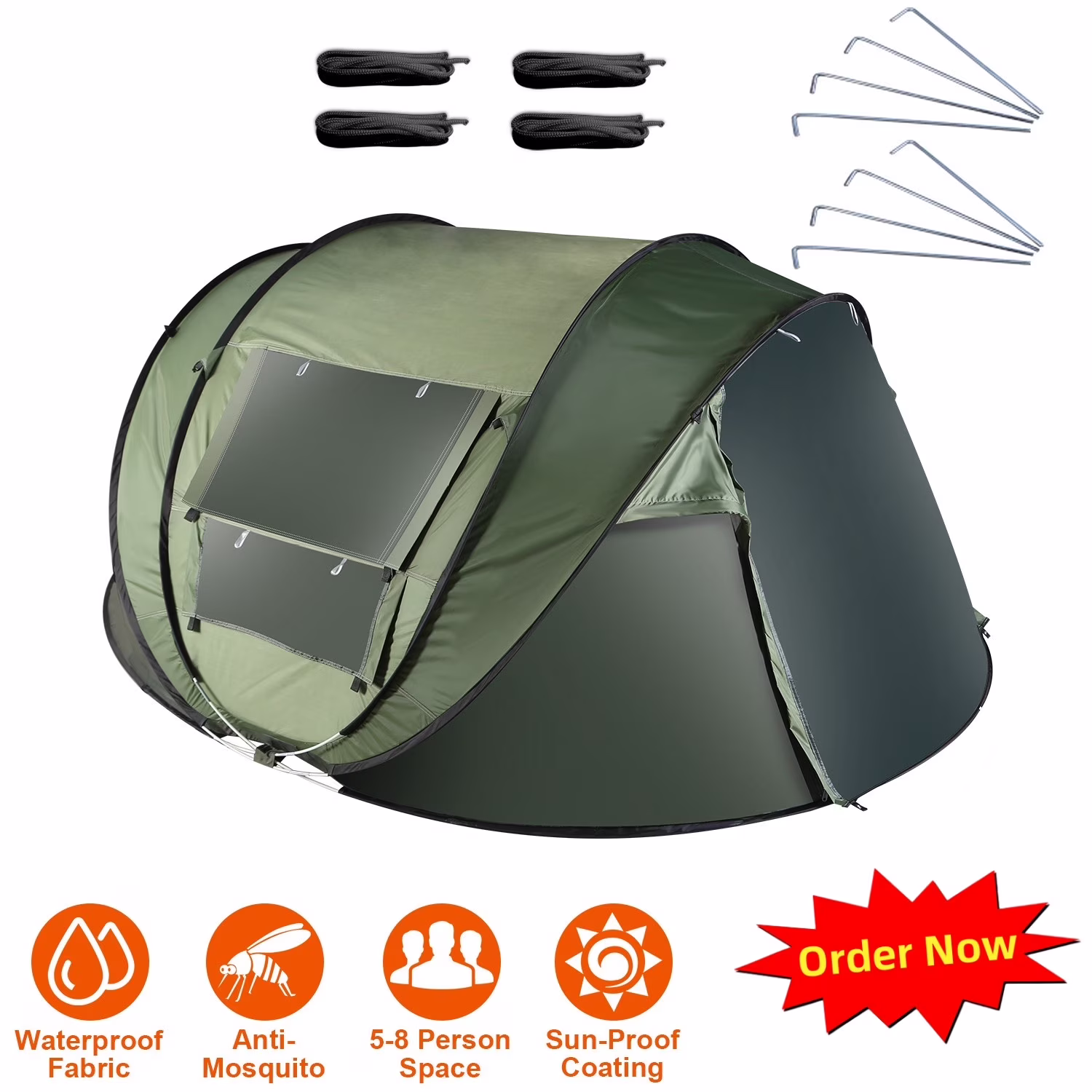 Tcbosik Easy Pop Up Tent for 5-8 Person, Automatic Setup Instant Family Tent with 2 Doors and 4 Mosquito Net Windows, Waterproof Camping Tent with Carry Bag for Hiking & Traveling, Khaki - Image 3
