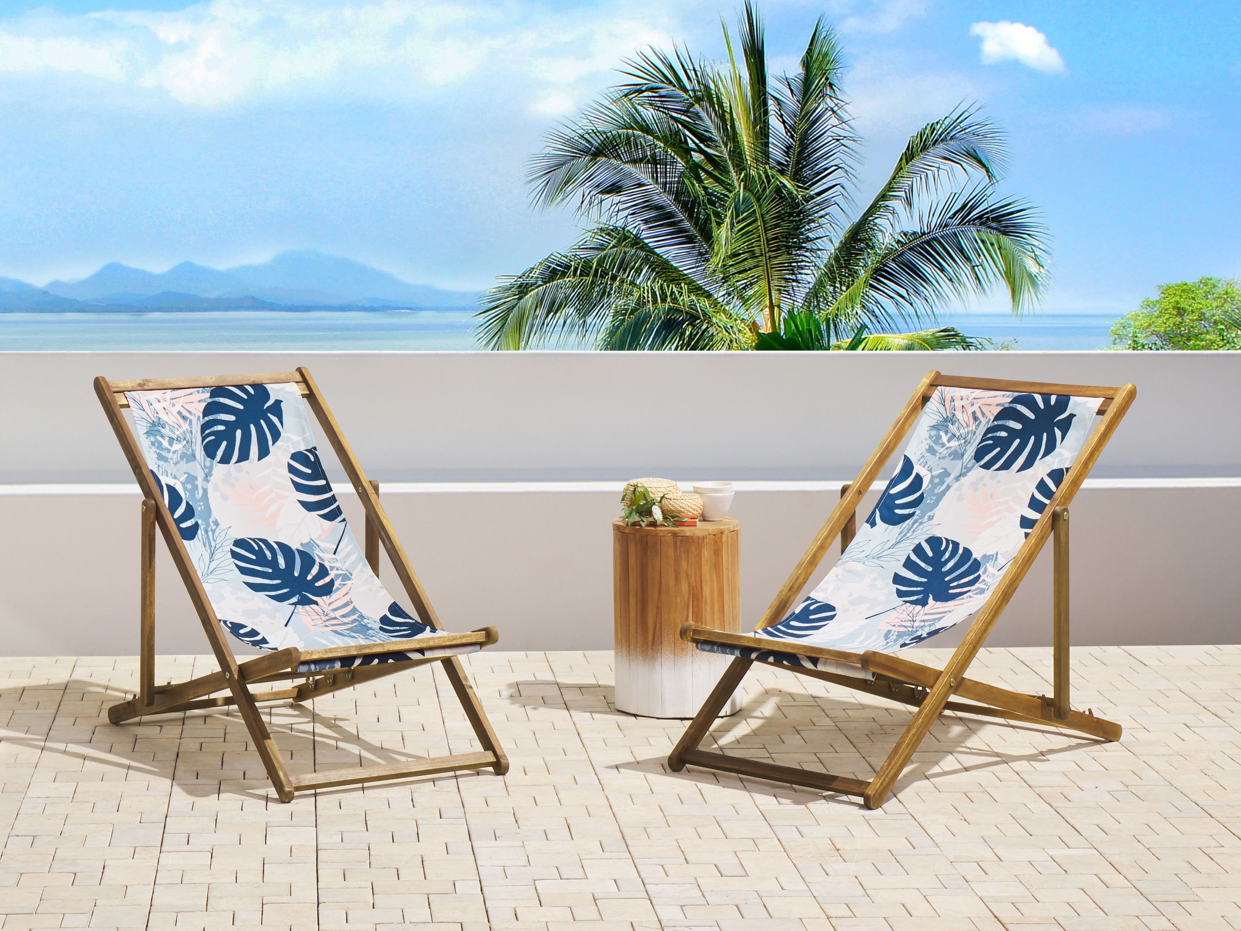 Set of 2 Folding Deck Chairs ANZIO with Replacement Fabrics Floral Motif Acacia Wood Light Brown