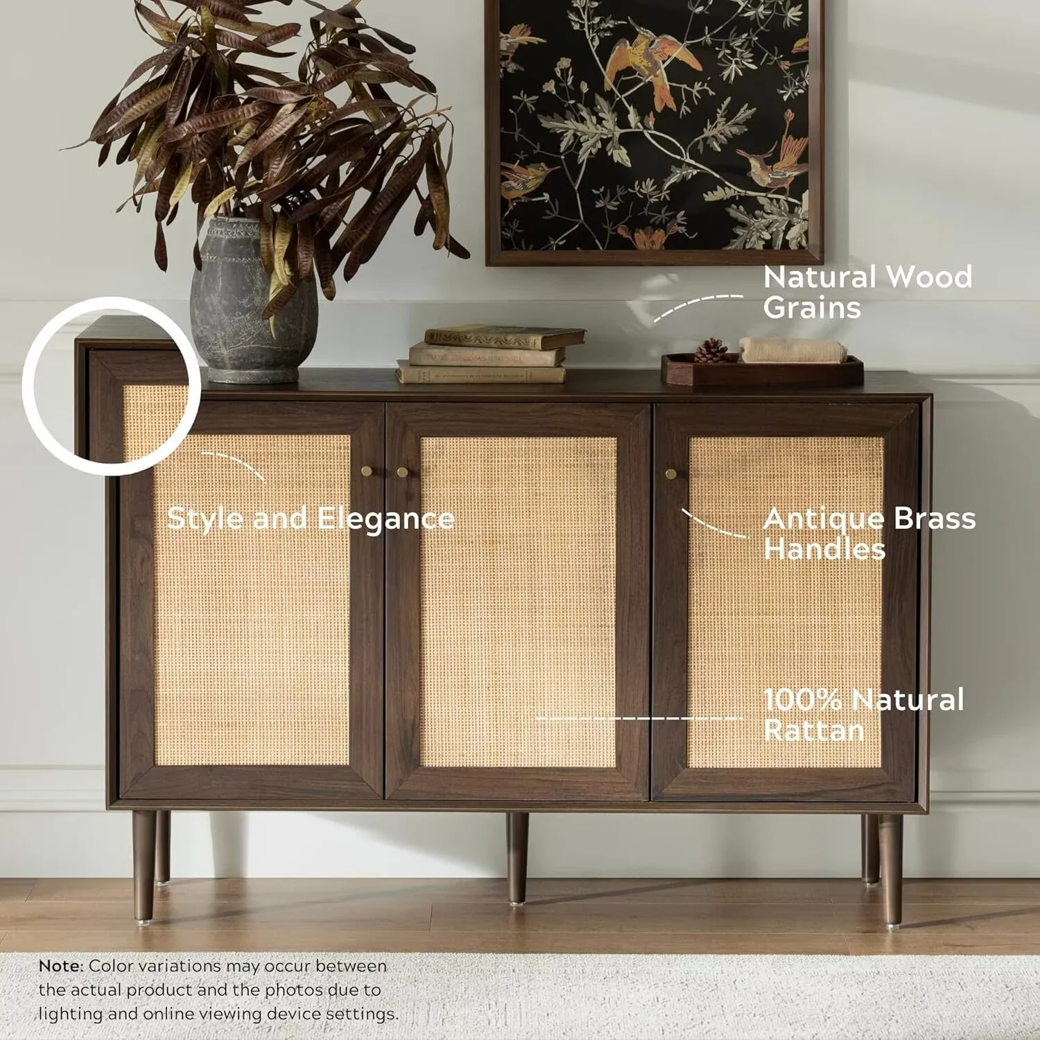EYYTHUNG Farmhouse 3-Door Rattan Storage Cabinet, Solid Wood Entryway Buffet Sideboard - Image 11