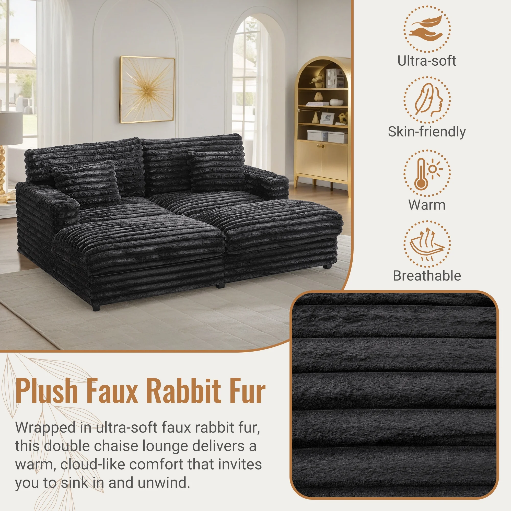 Oversized Double Chaise Lounge, Faux Fur Upholstered Deep Seat Sofa with 2 Pillows, 2 Cupholders, and Dual USB Ports - Image 20