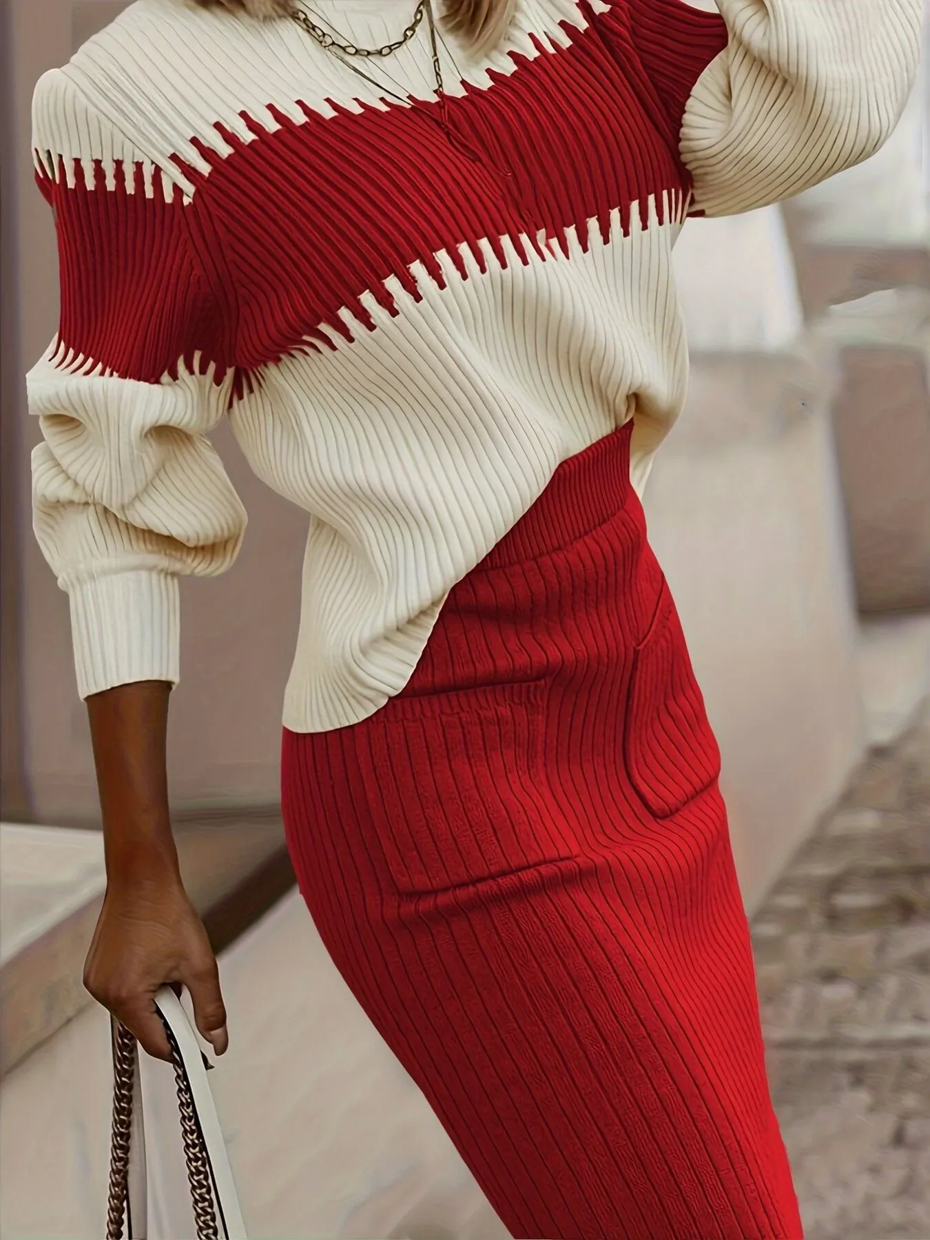 Two-Tone Ribbed Knit Top and Skirt Sweater Set - ZKZOOK