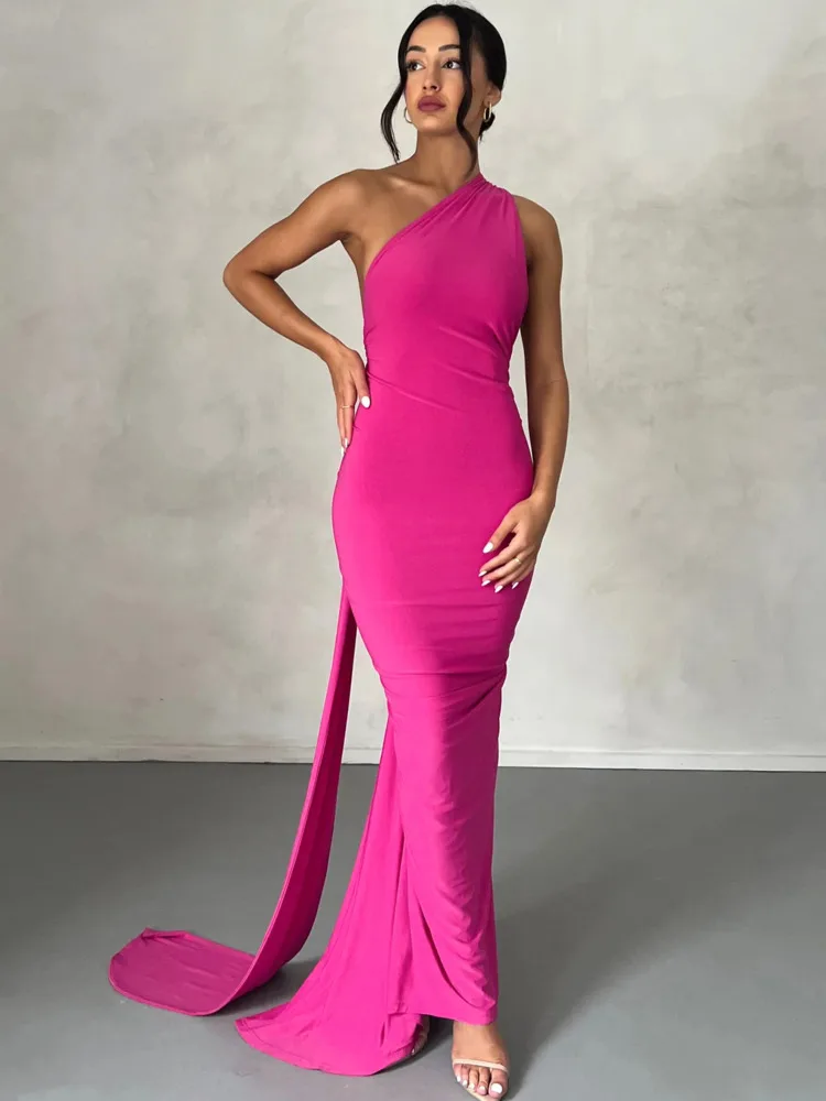 Oblique Shoulder Backless Maxi Dress For Women Gown Summer Back Strap Sleeveless Ruched Party Sexy Long Dress Vestidos - AZJHJ
