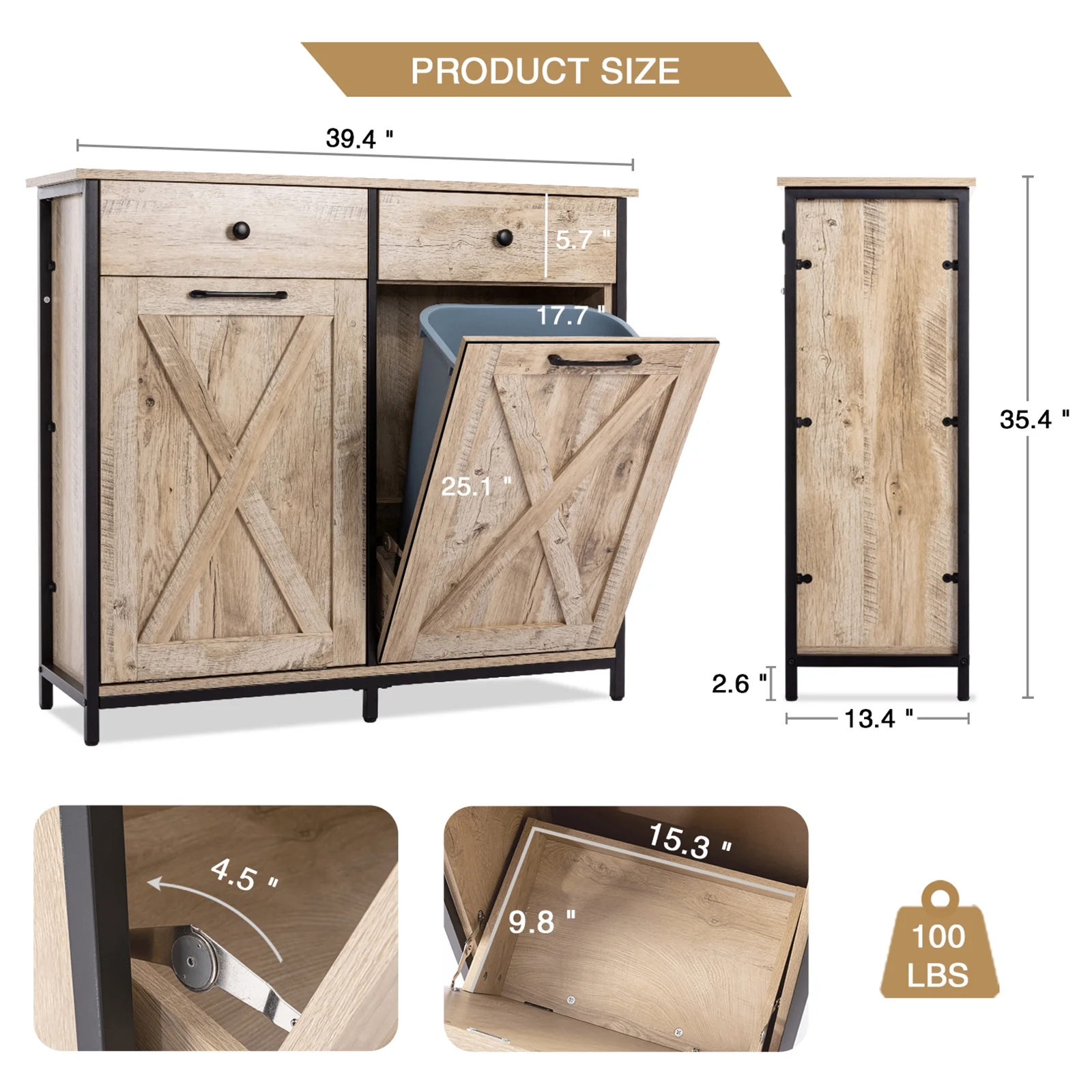 Eclife 20 Gallons Double Tilt Out Trash Cabinet Wood Tabletop, Upgrade Gray, WB010GY - Image 43