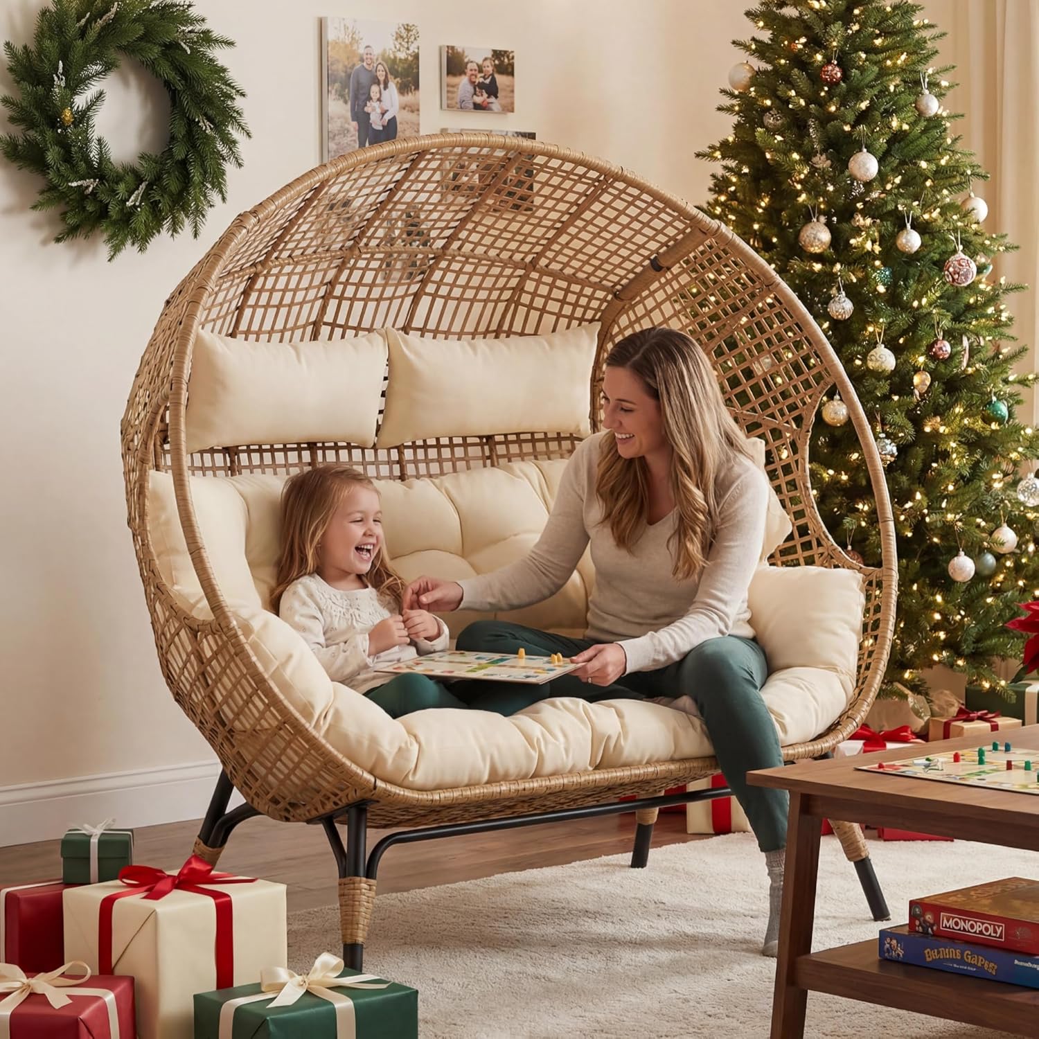 NICESOUL Double Egg Wicker Loveseat Chair, 2 Person, Beige - Image 3 NICESOUL Double Egg Wicker Loveseat Chair, 2 Person, Beige - Image 3