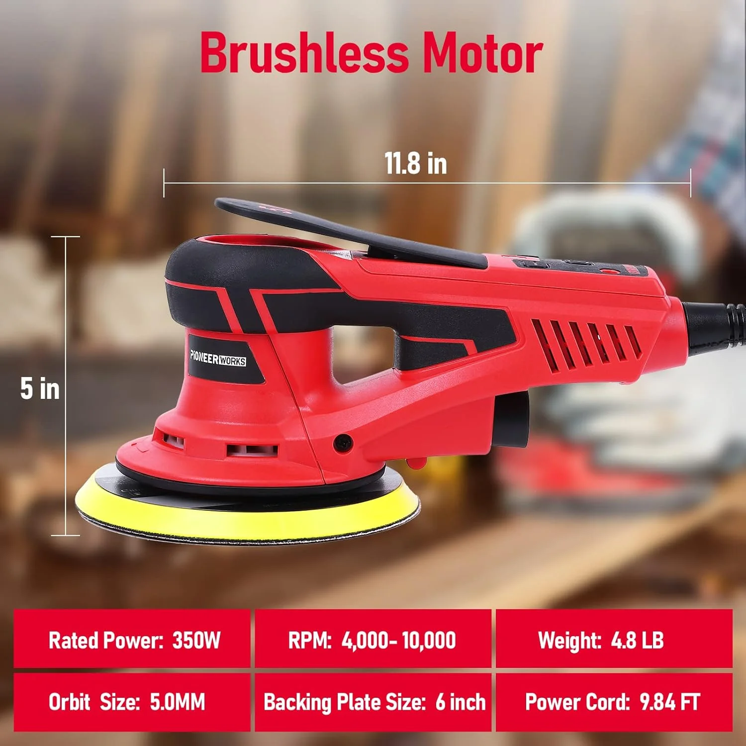 Electric Random Orbital Sander, Brushless Motor, Powerful 350W & Low Vibration Palm Sander, 10000 RPM Variable Speed, 6 - Inch for Woodworking, Polishing, Carpentry