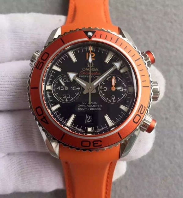 Replica Omega Planet Ocean 45mm Chrono Orange Bezel Black Dial Rubber Strap A9300 - Elite Watch Atelier