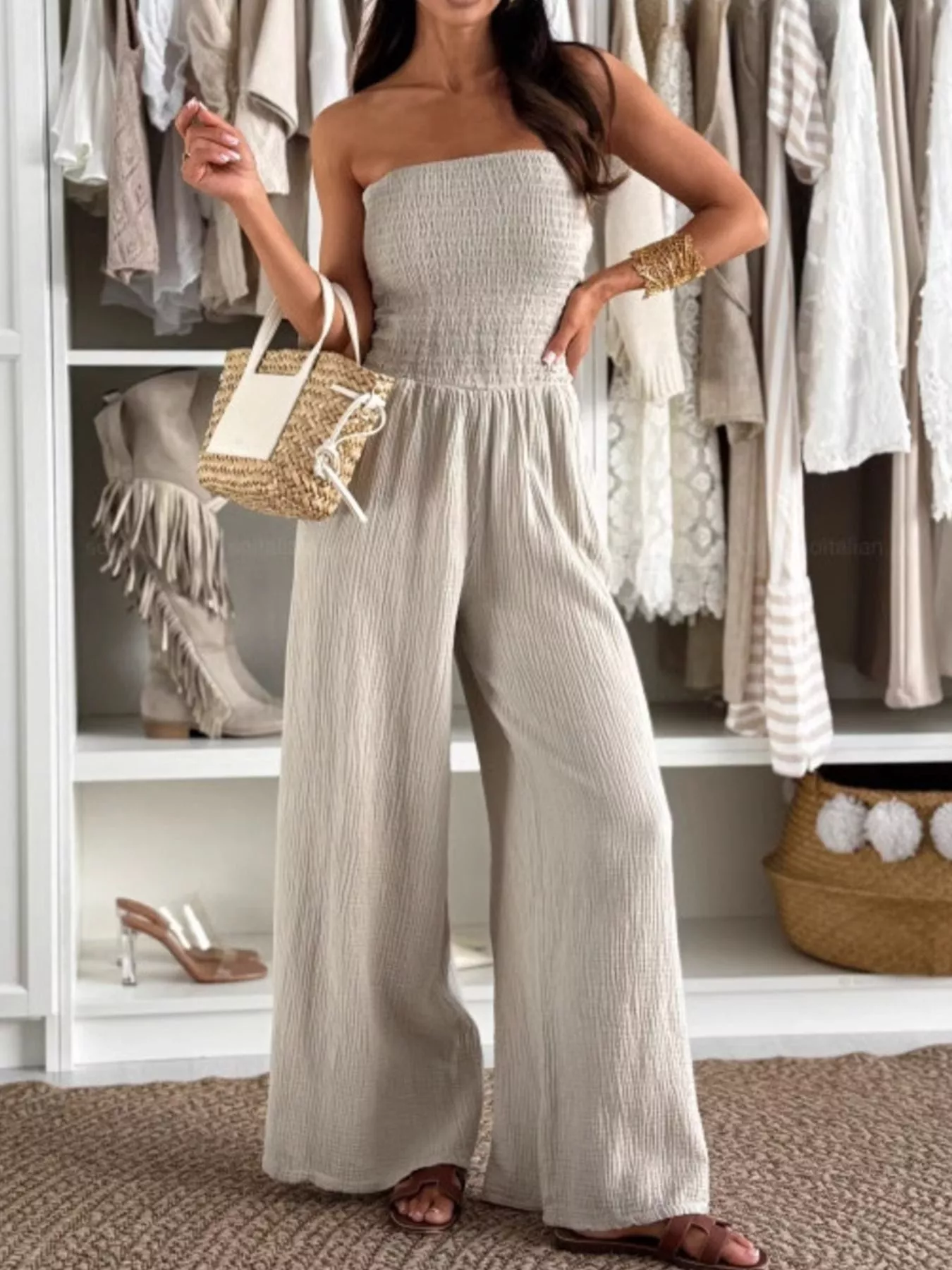 Smocked Tube Wide-Leg Jumpsuit - ZKZOOK