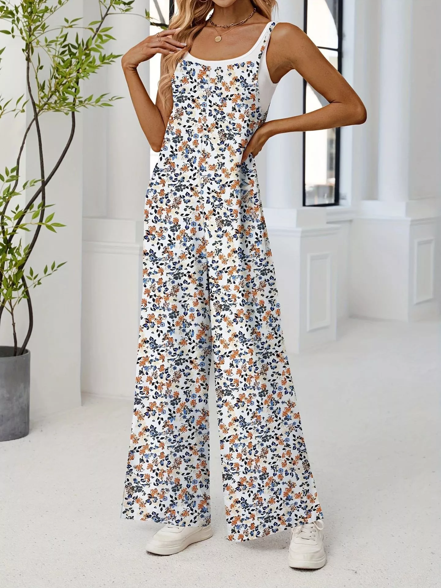 Full Size Floral Print Wide Leg Casual Jumpsuit Plus Size - ZKZOOK