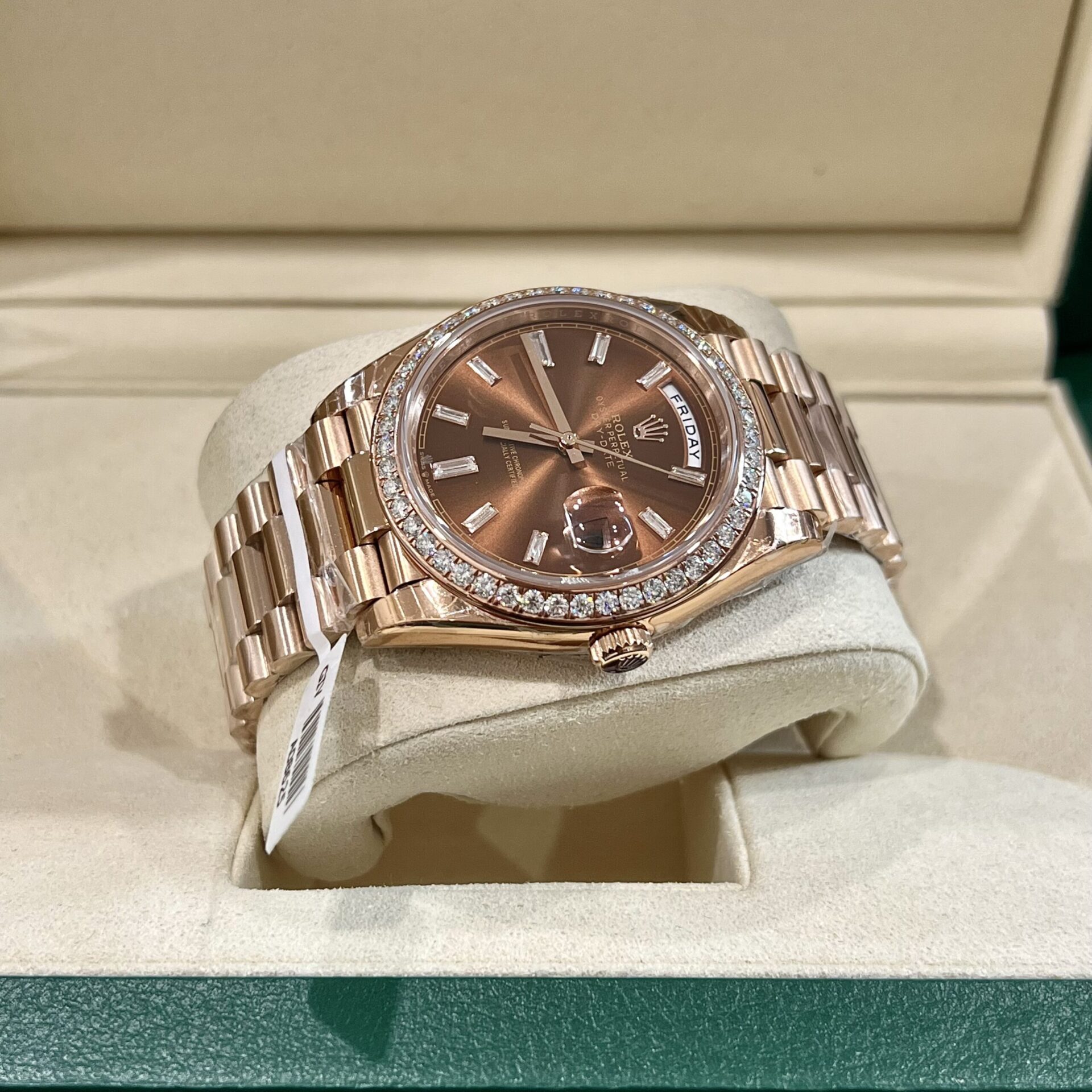 Rolex Fake Watch Day-Date Dial Chocolate Moissanite Diamonds Custom 40mm - Top club