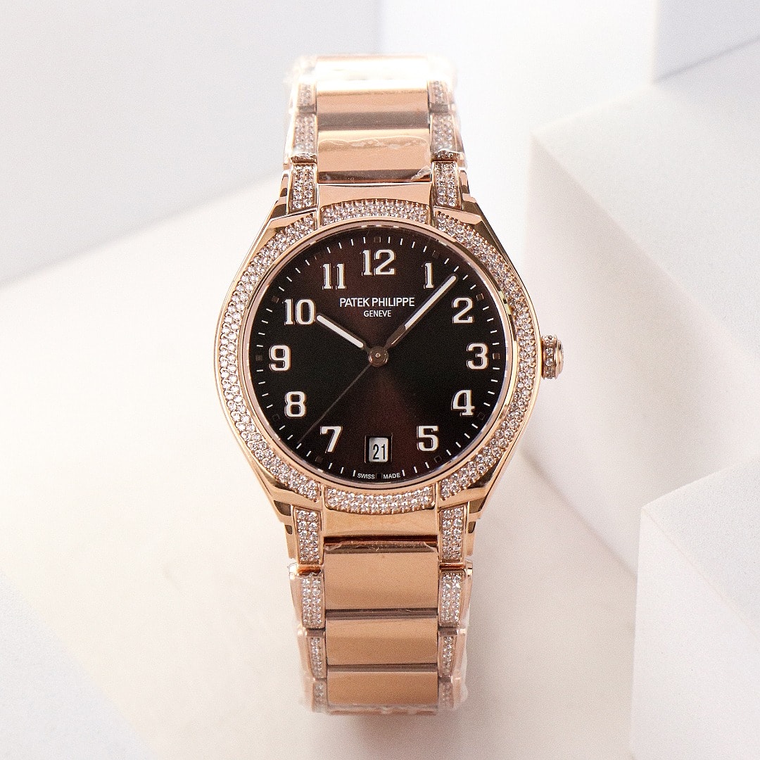 Fake Diamond Watch Replica Patek Philippe Twenty~4 Ladies Rose Gold/Diamonds Brown Dial 7300/1201R-010(1:1 replica) - Top club