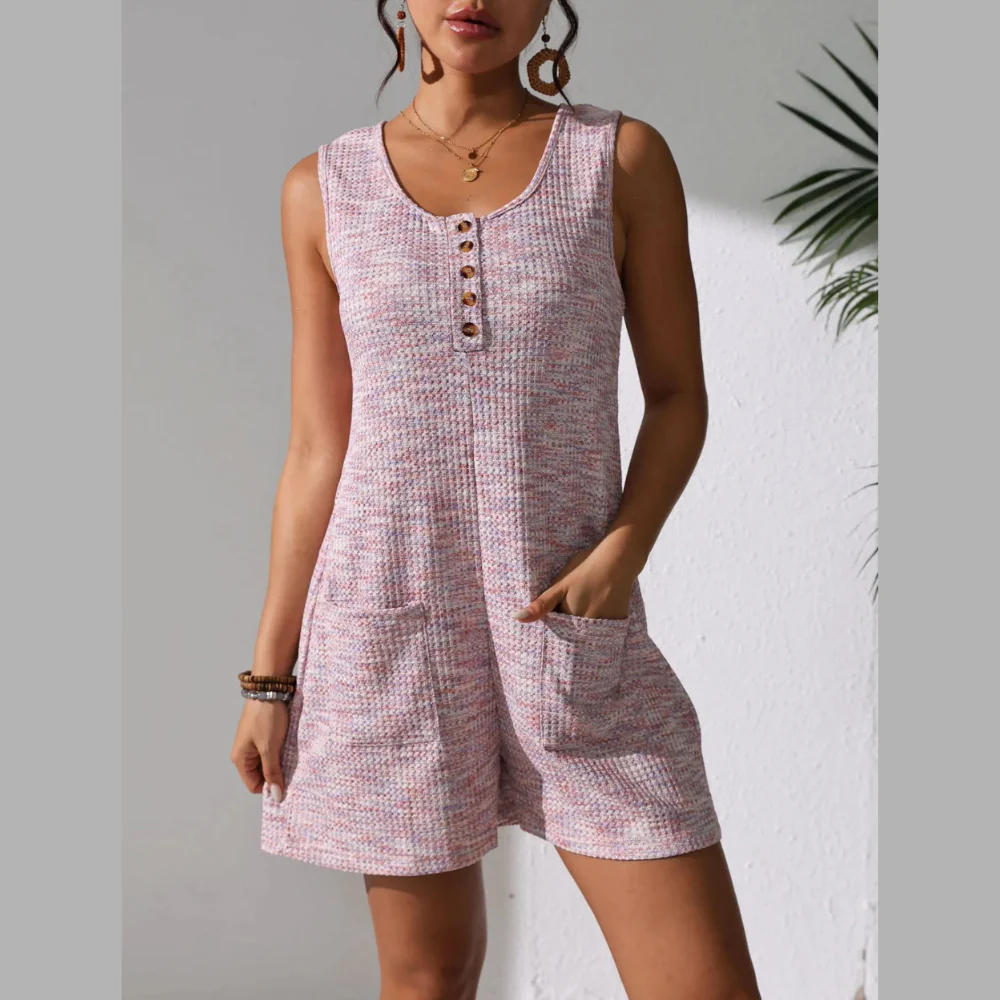 Full Size Button Front Romper with Pockets Plus Size - ZKZOOK