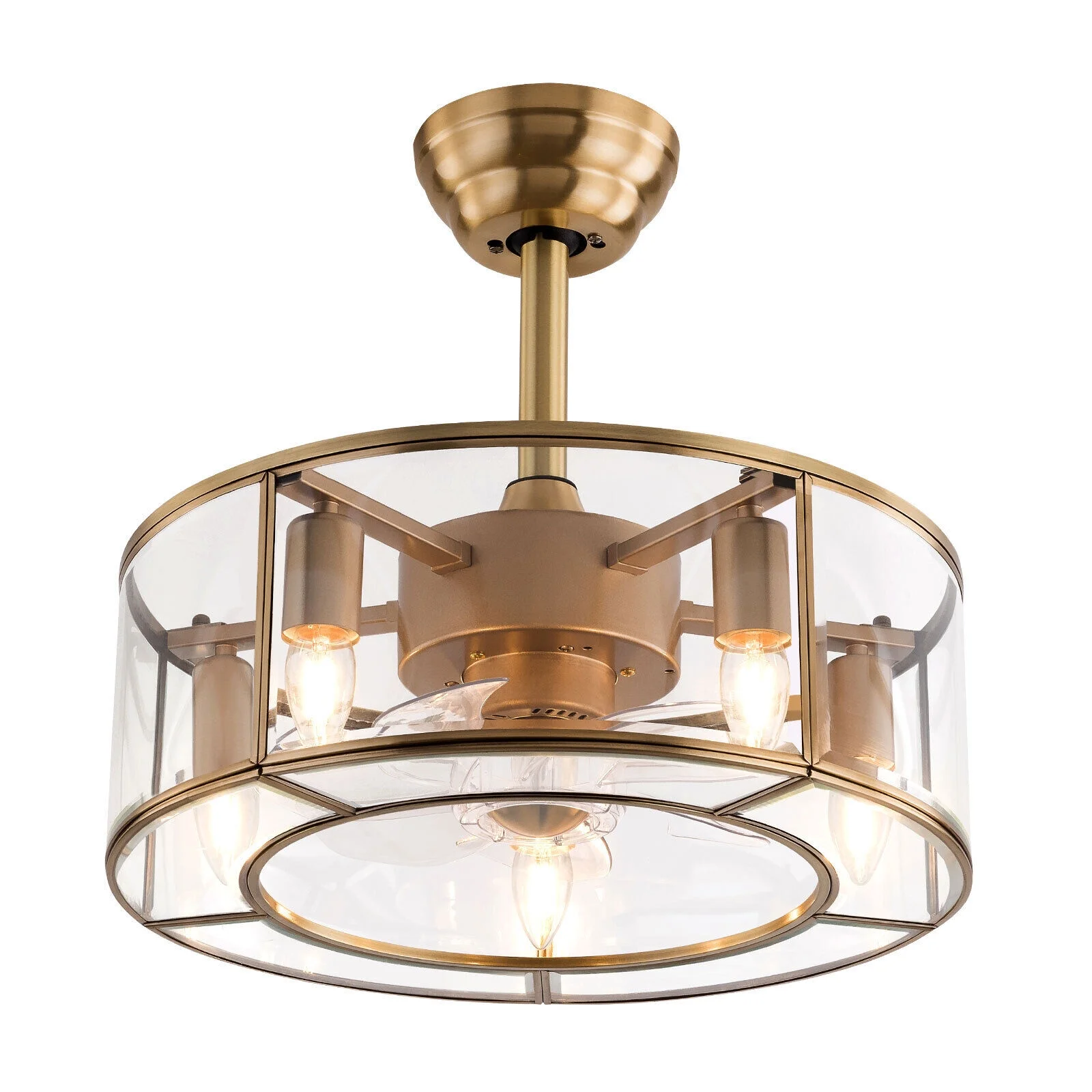 Caged Fandelier Ceiling Fan with Light, Golden Ceiling Fans with Remote Control & Noiseless 35db - Farmhouse Rustic Bladeless Ceiling Fans Chandelier Retro Lighting Fixture