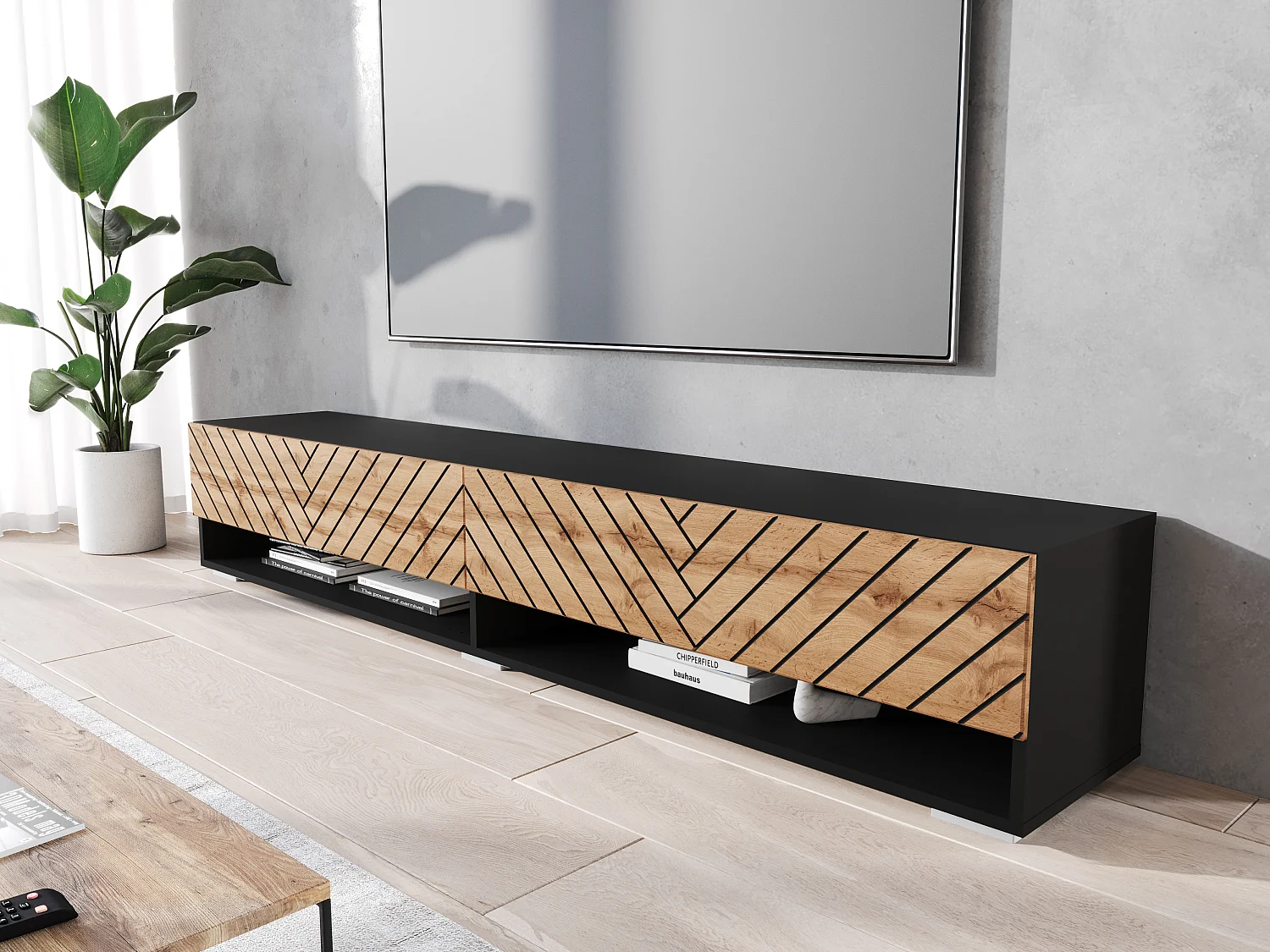 Meuble TV moderne 180 cm – corps noir mat, façades MDF chêne wotan noir motif chevrons, sans poignées, posé ou suspendu