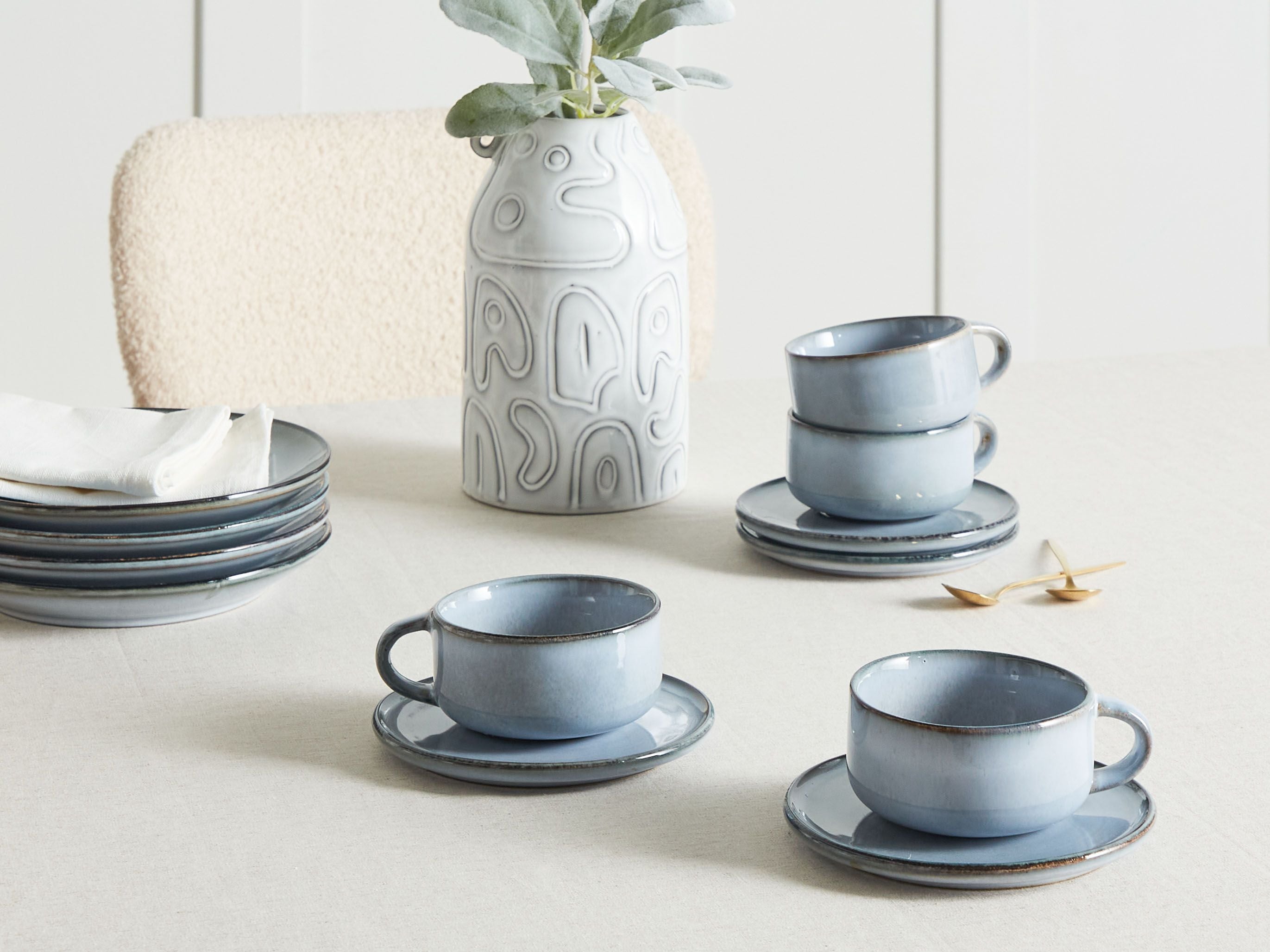 Set of 4 Cups with Saucers JUNIPER Stoneware Light Blue