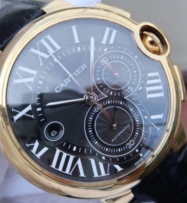 Replica Cartier Ballon Bleu De Cartier Chrono 44mm YG Black Dial Leather Strap A8101 - Elite Watch Atelier