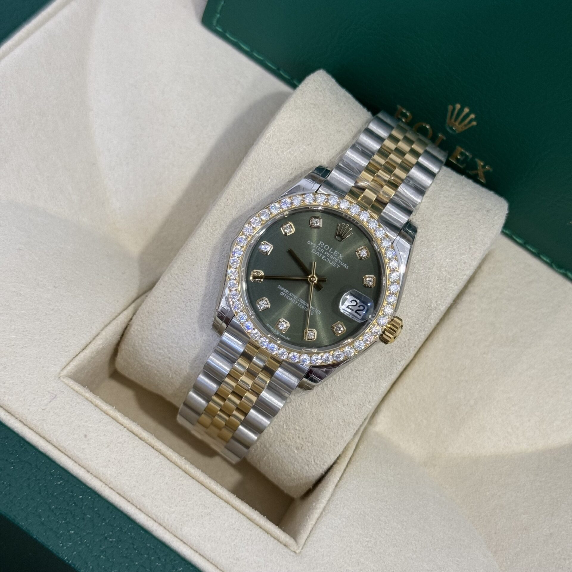 Rolex DateJust Replica Watch Moissanite Diamond Green Dial 31mm - Elite Watch Atelier