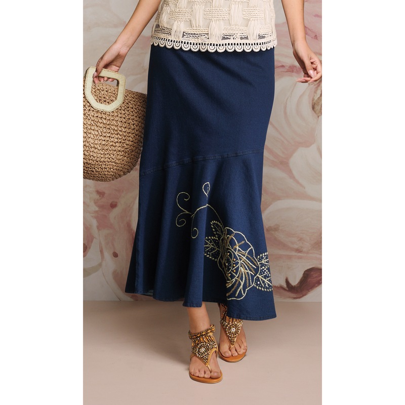 Dorinda Denim Flower Skirt - MIDNIGHT VELVET CATALOG