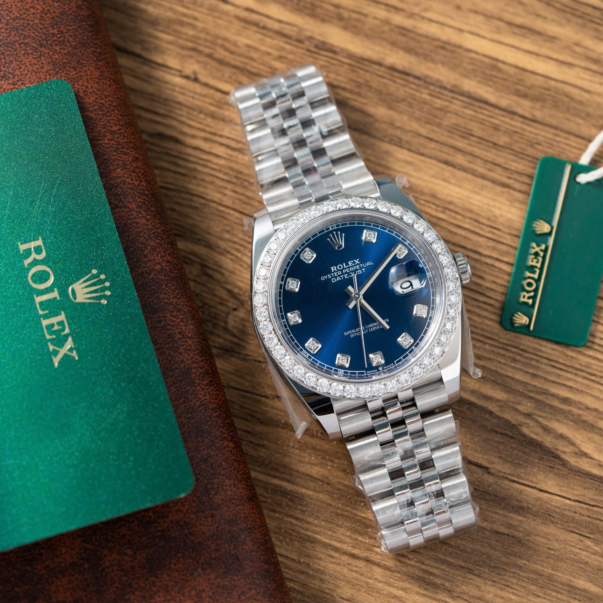 Rolex Replica Watch DateJust Blue Dial With Moissanite Diamond Bezel Factory Clean 41mm - Elite Watch Atelier